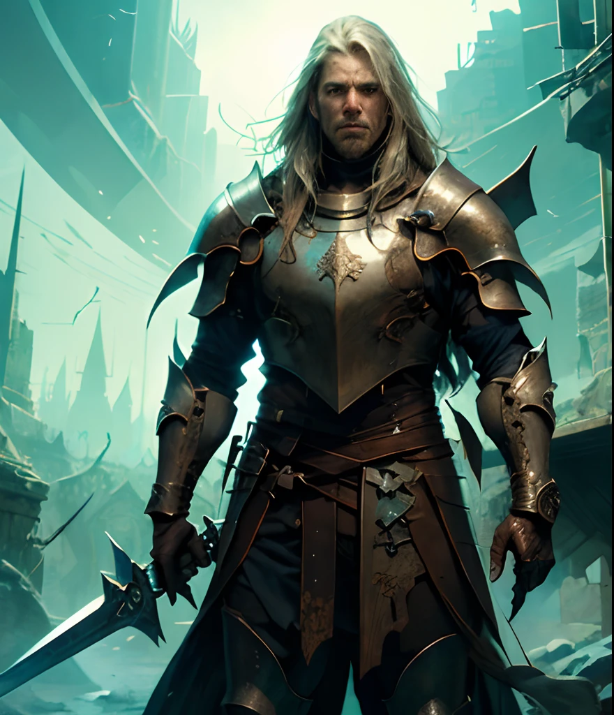 a paladin, thin, tall, long gray hair, white armor, deep and empty gaze, Dark Aesthetics, 80's year, RPG.
