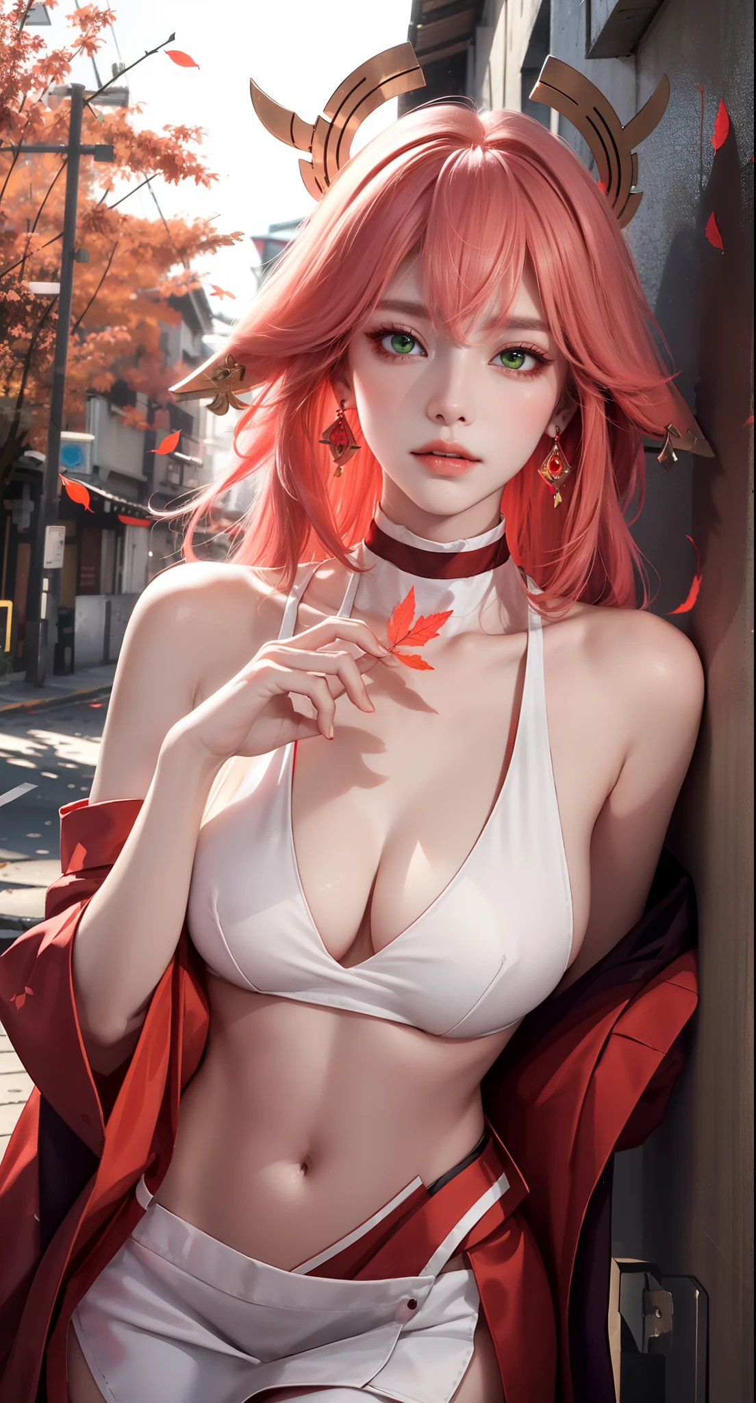 ((autumn background))), ((red leaves trees background)))), (((luminous background))), (Masterpiece, Excellent, 1girl, solo, complex details, color difference), realism, ((medium breath)), off-the-shoulders, big breasts, sexy, Yae Miko, long pink hair, red headdress, red highlight, hair above one eye, green eyes, earrings, sharp eyes, perfectly symmetrical figure, choker, neon shirt, open jacket, turtleneck sweater, graffiti, dim lighting, alley, looking at the audience, ((mean, seductive, charming)), (dynamic pose), tulle, bare shoulders, blooming flower fields, radiant skin, faint smile, sexy, bust, no breast cover, naked, cocked ass, tummy look