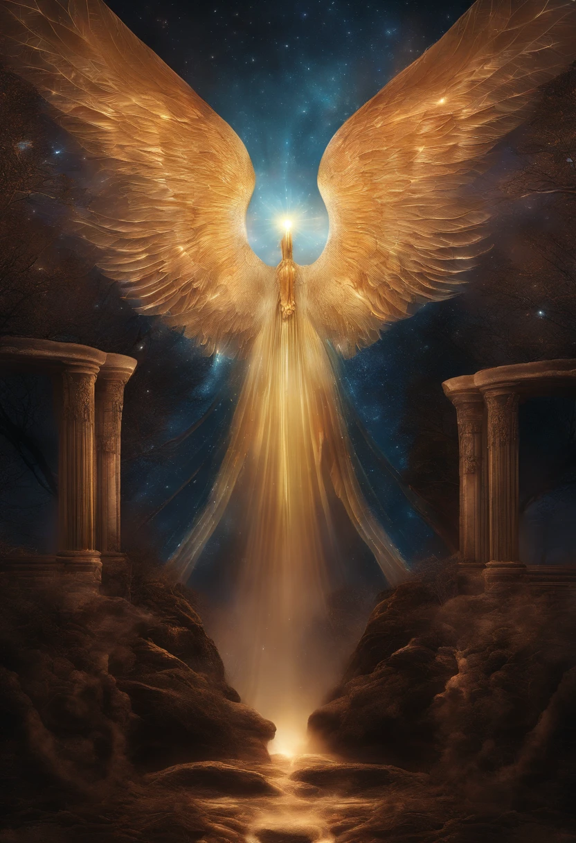 Kosmischer gefallener Engel, Leuchtende helle Augen, Biomechanisch, Eldritch, gruselig, albtraumhaft, Sehr leuchtende Farben, Lichtteilchen, mit leuchtendem Licht, Mshiff, wallpaper art, UHD-Hintergrundbild