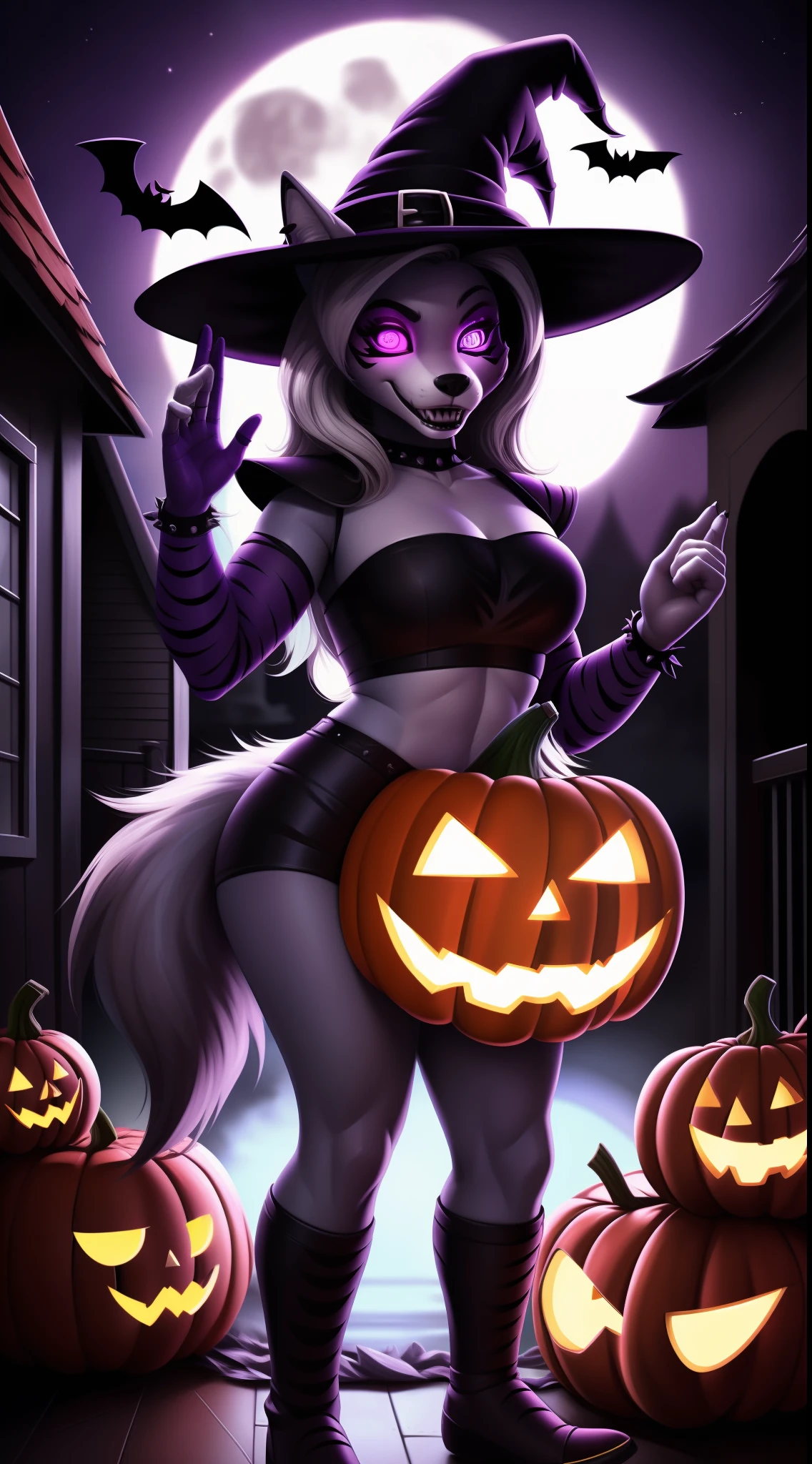 von Personalami, Fnafroxanne, FNAF, Roxanne Wolf, Animatronic, weiblich, (detailliert), Ansicht des Betrachters, flauschig, high resolution, fotorealistisch, niedlich schauend, verlegend schauend, (((witch outfit))), (((glowing halloween pumpkin))), (((at a street with halloween themed houses in the background))), (((Halloween houses))), (((at night))) (((beg full of candy))), ((evil smile)), (((glowing eyes))), (((full moon ))), happy, detailliert, ((detaillierte Augen), full-body, weiblich, mager weiblich, looks happy, Blick auf den Betrachter, (detailliert), flauschig, (((high resolution))), (((fotorealistisch))), detailliertes Fell, standing position, (((anatomy correct))), (((anatomoy correct tail))), (((tail correct Position))), (((five fingers))), beautiful, (((masterpiece))), (((best quality))), detailled image, ((reflective lighting)), ((detailed shading)),