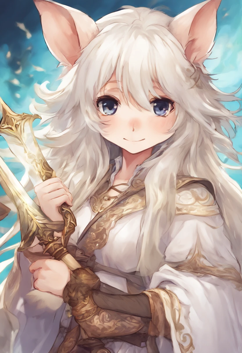 White long-haired hamster with sword and shield