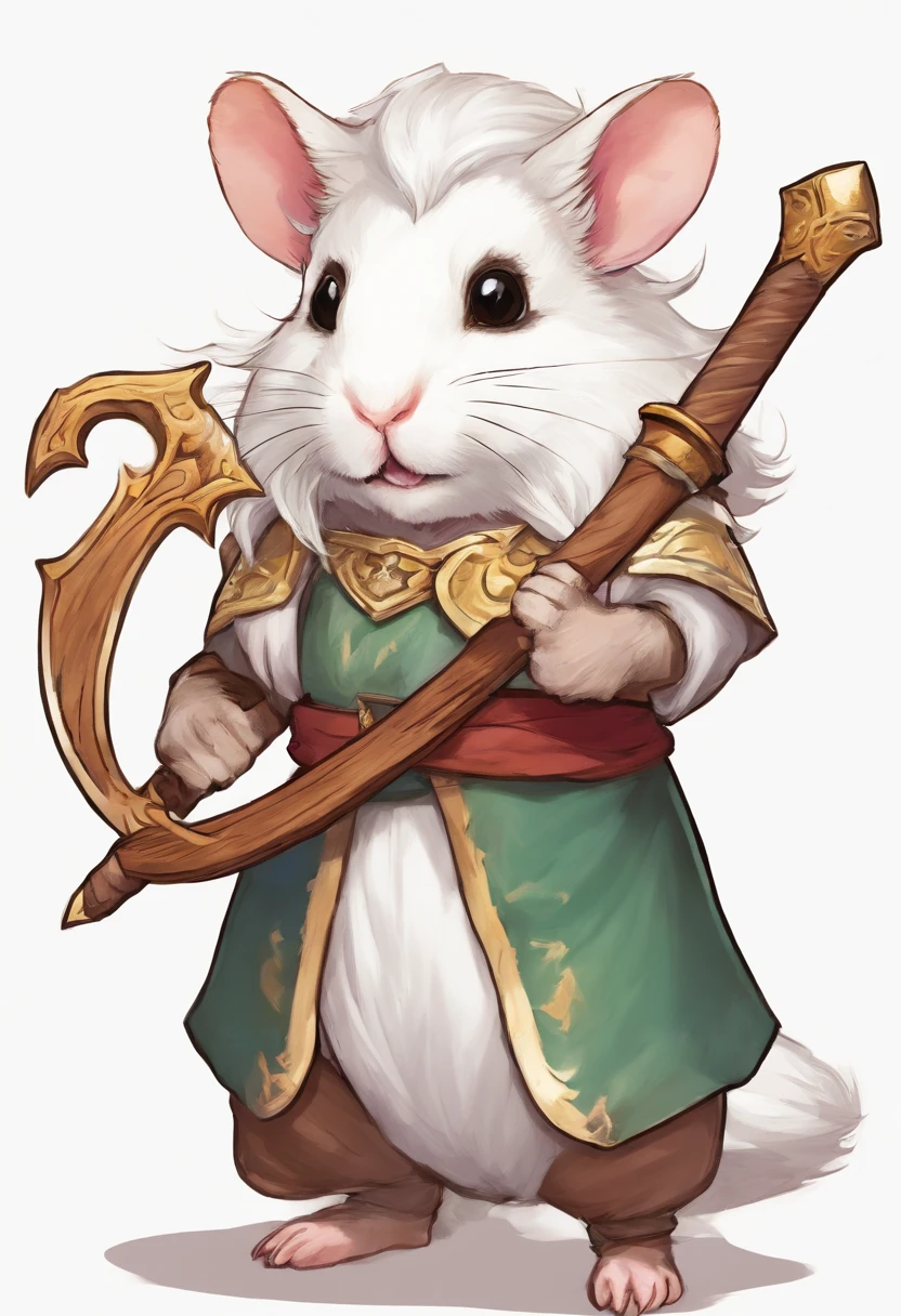 White long-haired hamster with sword and shield