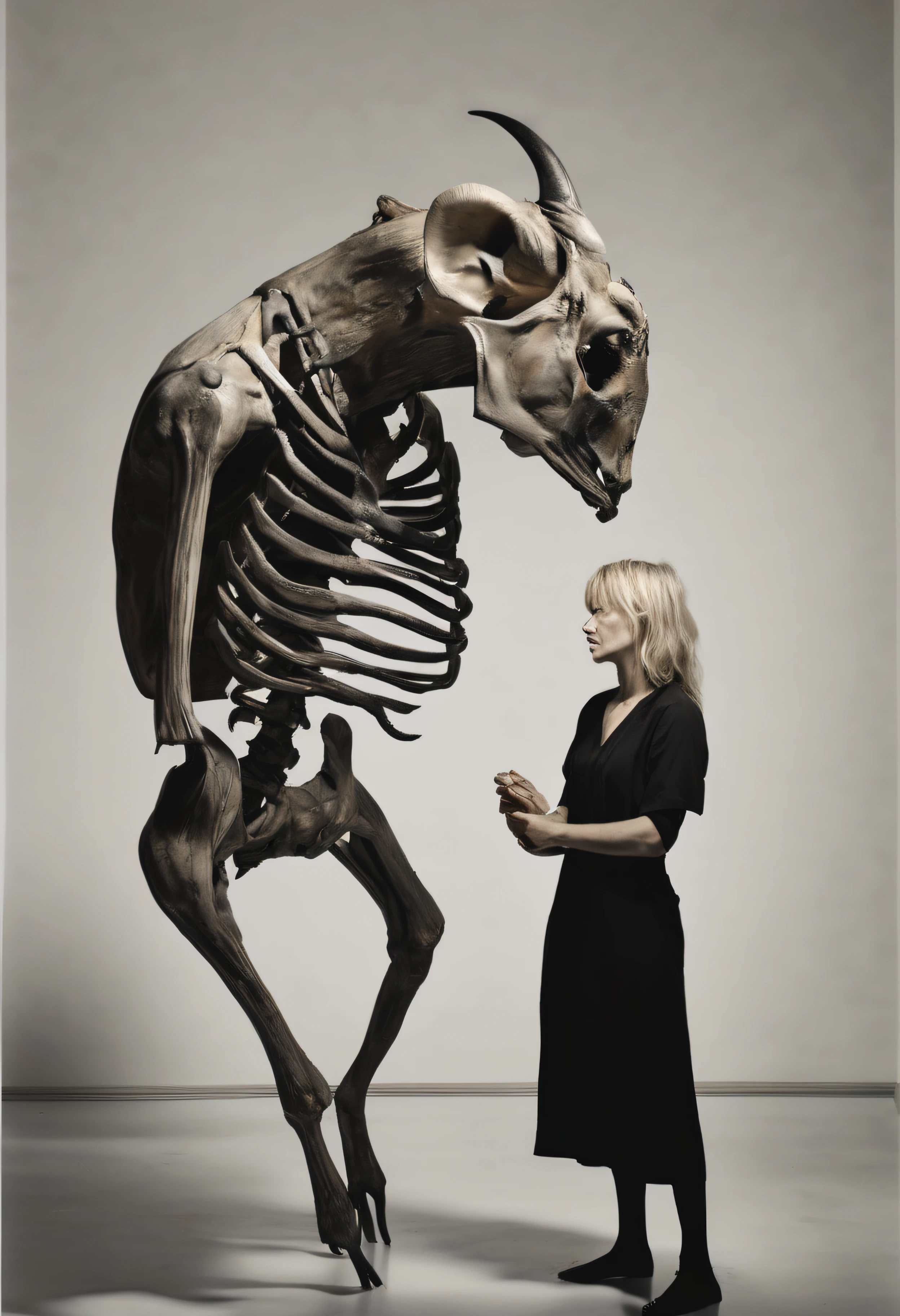 "(The best lighting, alto contraste, oscuro, dramatic),(Chica rubia junto a una cabra negra gigante, Open the rib cage, feto, autopsia, huesos humanos, sangre por las paredes). Luz Caravaggio"