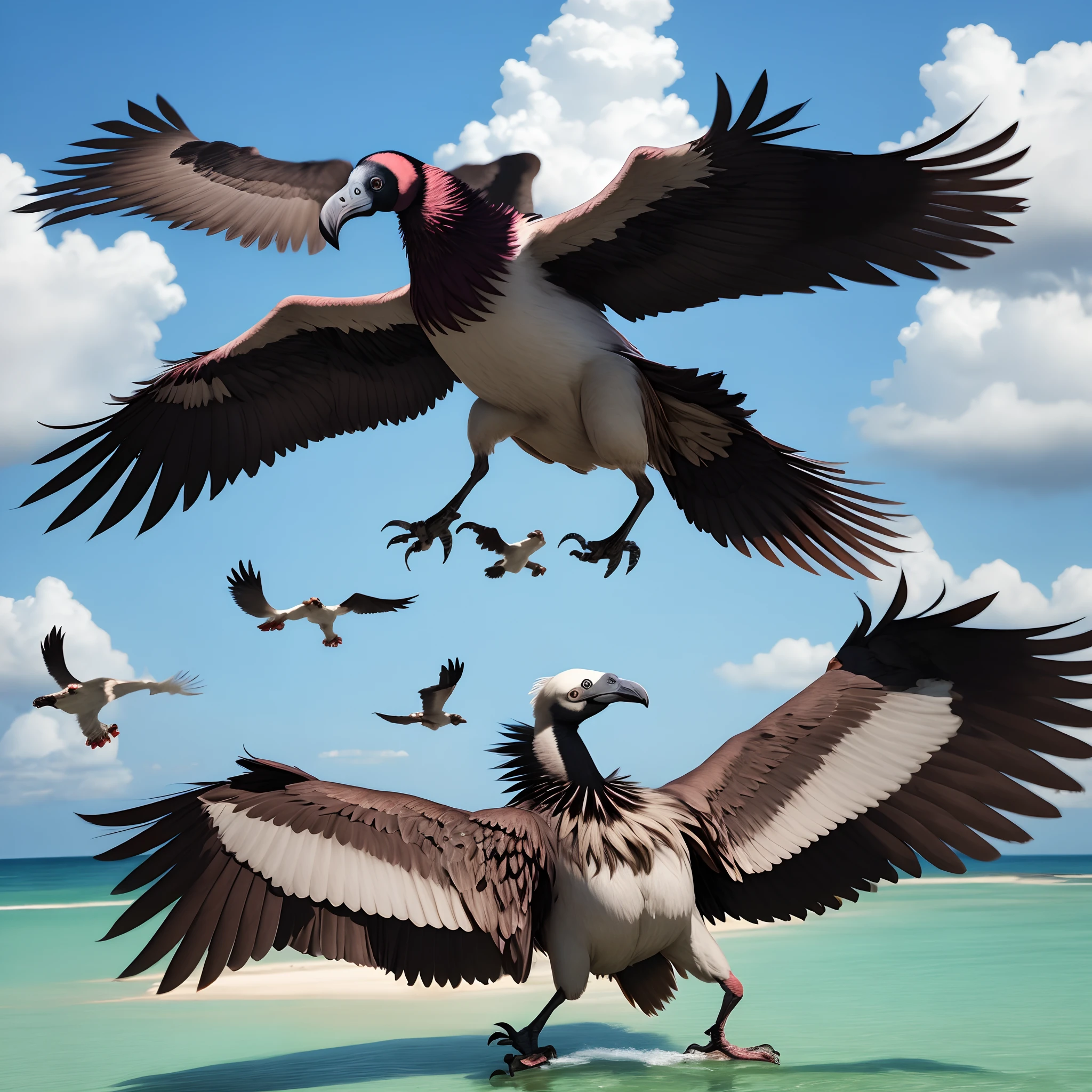 A group of vultures arrived on an island flying.