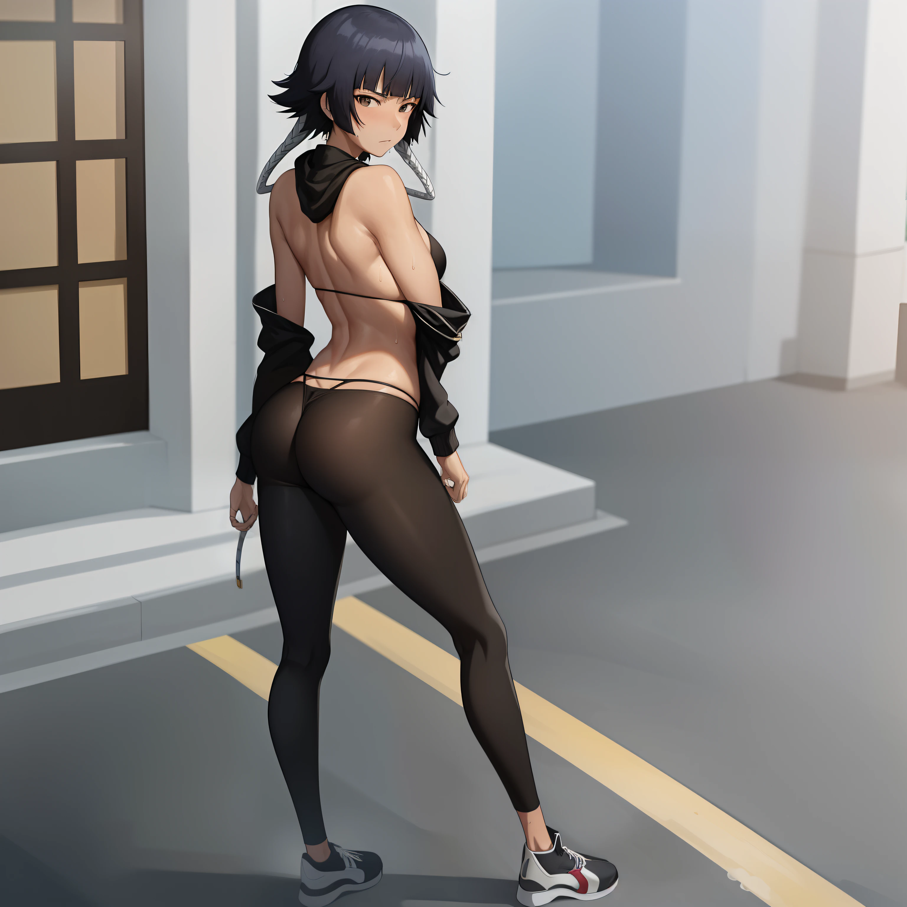 ( anime screencap:1.1),outdoors, 1girl, solo, black hair, short hair with long locks, short hair, small breasts, (brown eyes:1.1),low twin braids, ((full body shot)), facing viewer, seeductive expression ,hoodie, black leggings, from behind, looking back, sideboob, sweaty, slender legs