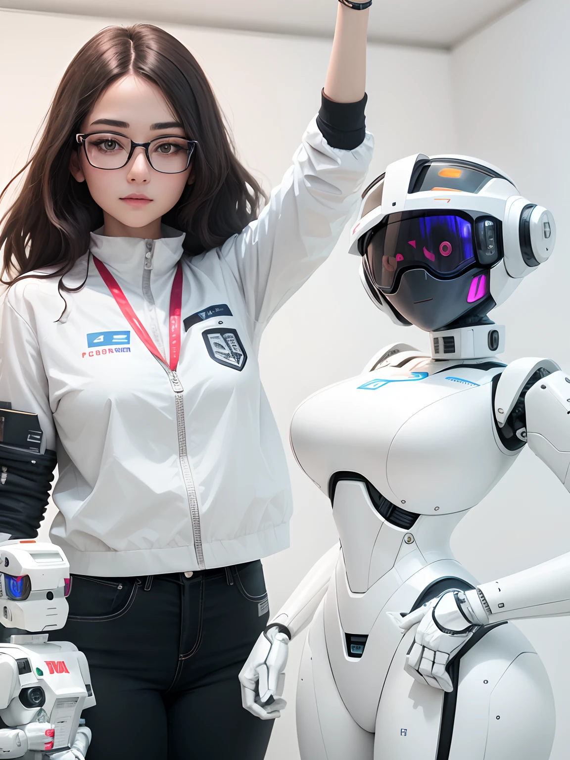 woman in white shirt and glasses standing next to a robot, woman and robot, the robot wearing her human mask, posing robotically, friendly humanoid robot, the most advanced humanoid robot, with a robotic arm, humanoid robot, with robotic arms, service robots, humanoid robots, humanoide robot, security robots delivery, friendly humanoid cyber robot