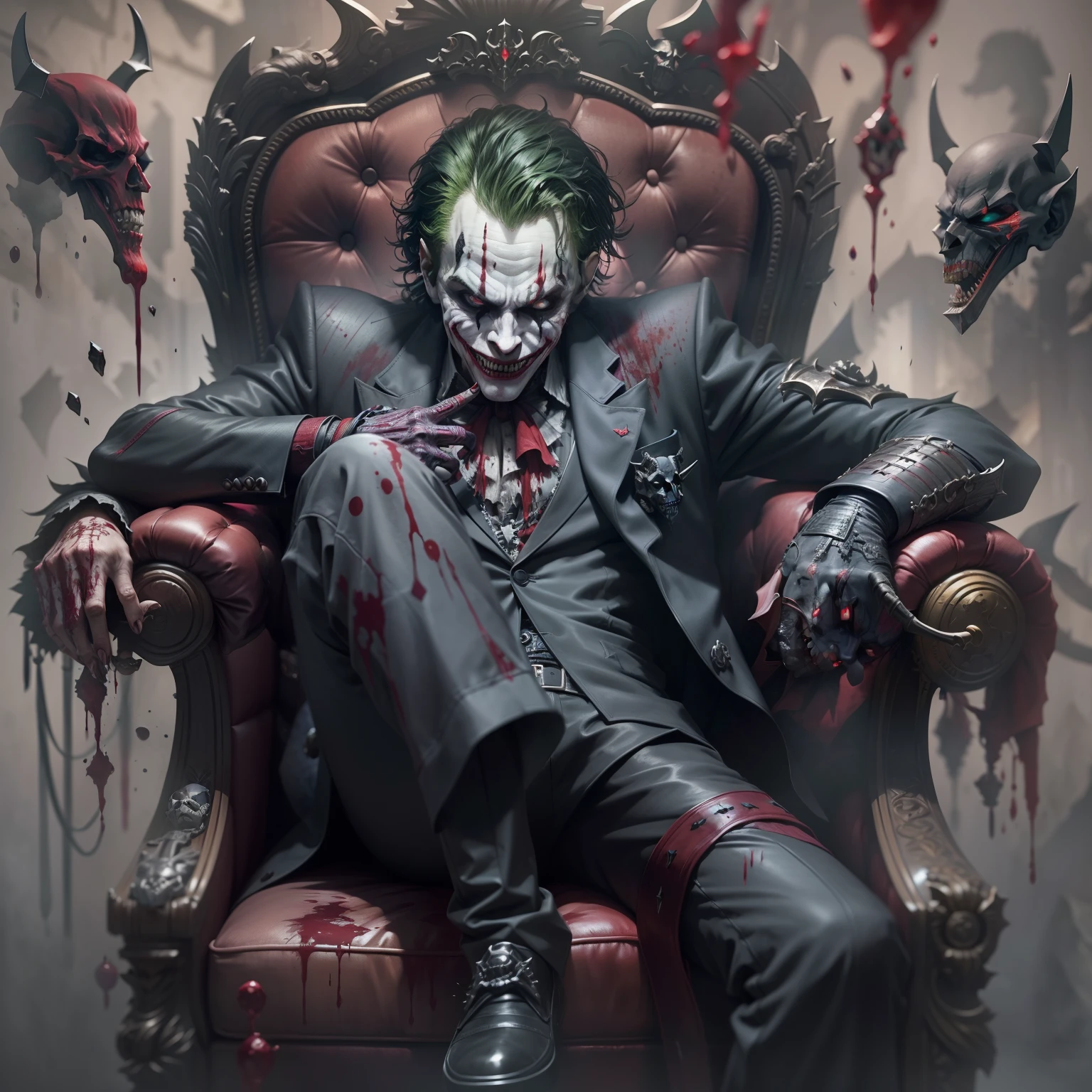"The Joker's demonic character, The character is sitting in an armchair made of skulls a sinister smile,corpo altamente bem feito, blood tears, sombrio, qualidade excepcional, multiple facial scars, Gothic style in dark samurai armor, inspirado no Batman que Ri."