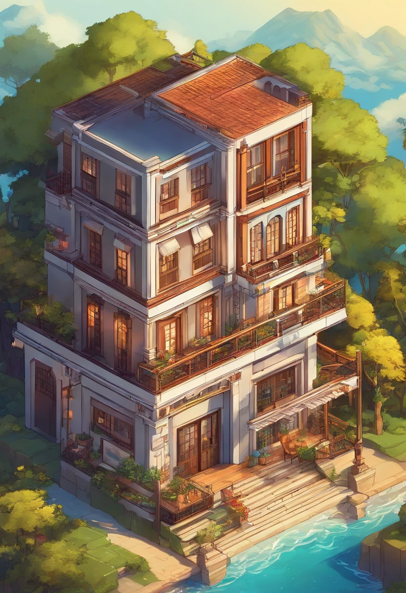 casa de estrutura hebraica, cores leves, 2D, estilo anime, antigo, cores coloridas, arte, manga, bonito, simples