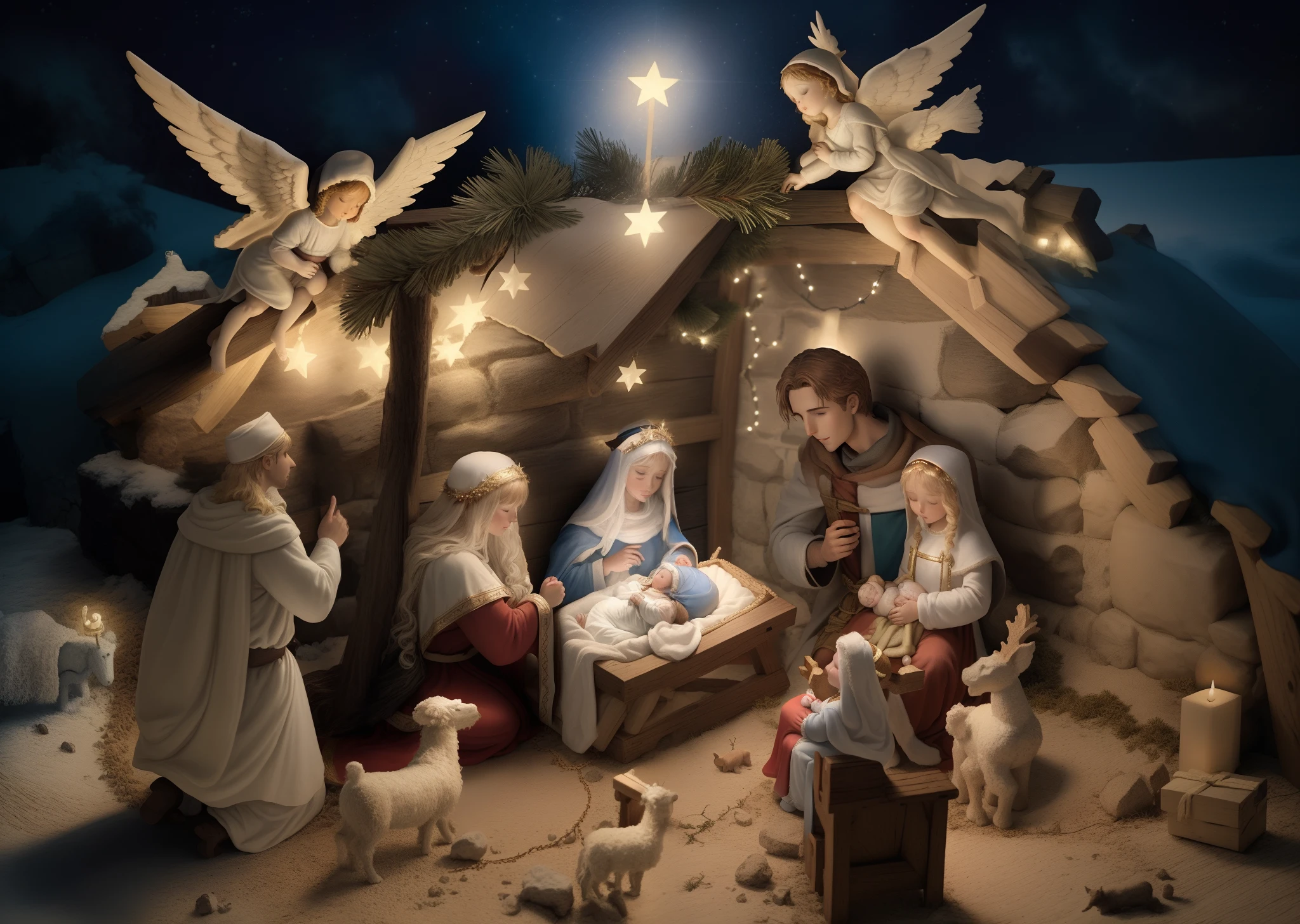 Christmas nativity scene with the baby Jesus, Mary and Joseph in the manger.tradicional historia cristiana de navidad.
