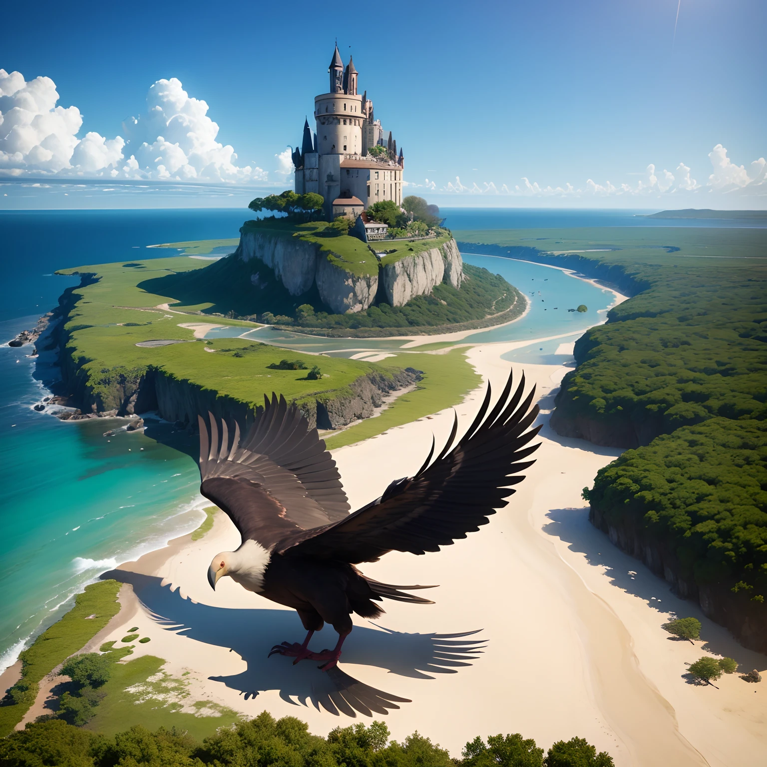 A group of vultures arrived on a flying island.size 16;9