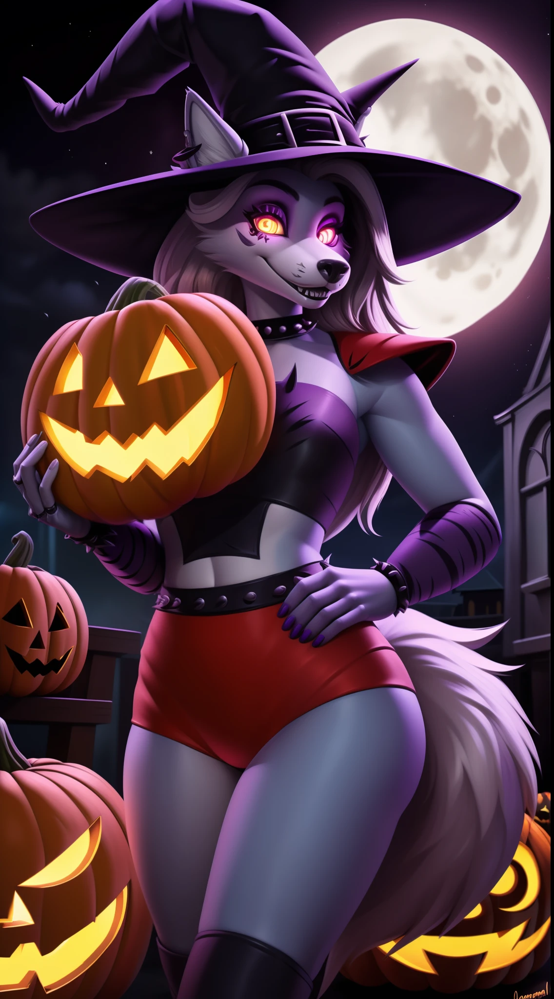 von Personalami, Fnafroxanne, FNAF, Roxanne Wolf, Animatronic, weiblich, (detailliert), Ansicht des Betrachters, flauschig, high resolution, fotorealistisch, niedlich schauend, verlegend schauend, (((witch outfit))), (((glowing halloween pumpkin))), (((at a street with halloween themed houses in the background))), (((Halloween houses))), (((at night))) (((beg full of candy))), ((evil smile)), (((glowing eyes))), (((full moon ))), happy, detailliert, ((detaillierte Augen), full-body, weiblich, mager weiblich, looks happy, Blick auf den Betrachter, (detailliert), flauschig, (((high resolution))), (((fotorealistisch))), detailliertes Fell, standing position, (((anatomy correct))), (((anatomoy correct tail))), (((tail correct Position))), (((five fingers))), beautiful, (((masterpiece))), (((best quality))), detailled image, ((reflective lighting)), ((detailed shading)),