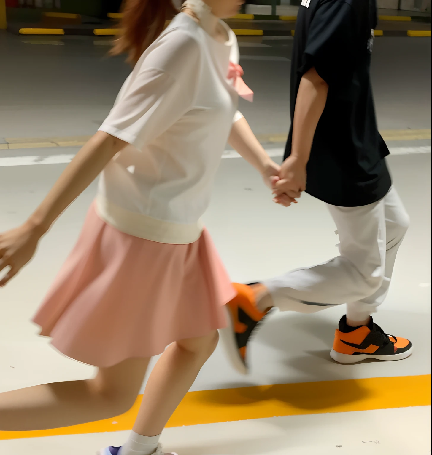 They walked down the street holding hands, in orange clothes) Fight, couple walking hand in hand, They are in love, dancing with each other, man and woman walking together, Holding hands, walking together, huang yuxing and aya takano, 😭🤮 💔, photoshoot, grainy low quality, jia, twirl, take hand, couple