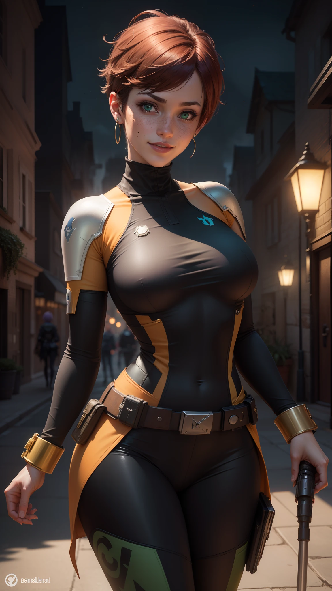 gwen tennyson,tracer,yorha 2b,rebecca chambers,overwatch,1girl,close up,sci-fi city,star wars theme,daylight, mandalorian,bounty hunter uniform, bounty hunter armor,green long sleeve lycra top,military leggings,short hair,brass earrings,night gown,holding a blaster,gothic makeup,green eyes,orange hair,purple hair highlights,shy smile, freckles,redhead,beautiful girl,large breasts,ultra detailed,realistic,fantasy art,