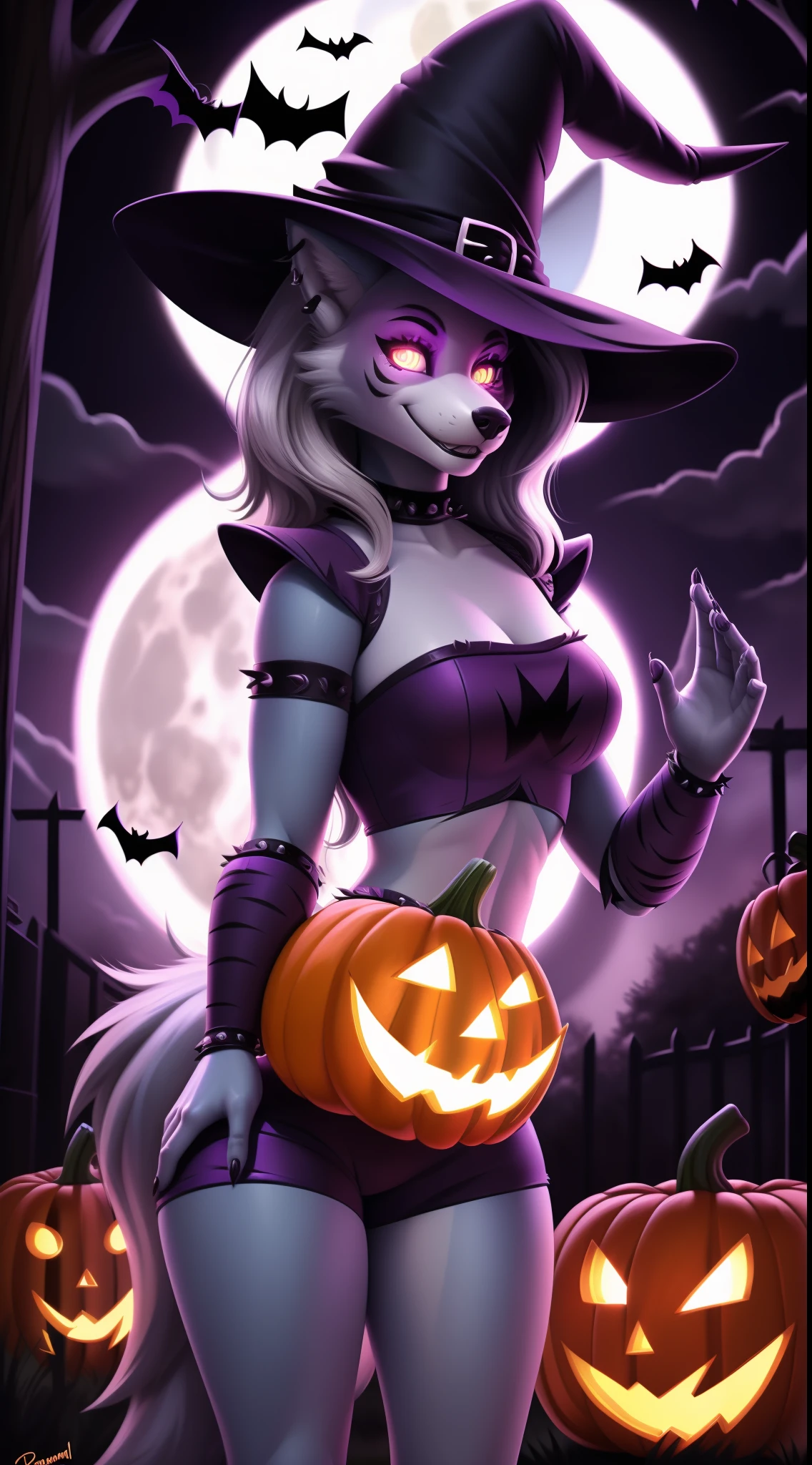 von Personalami, Fnafroxanne, FNAF, Roxanne Wolf, Animatronic, weiblich, (detailliert), Ansicht des Betrachters, flauschig, high resolution, fotorealistisch, niedlich schauend, verlegend schauend, (((witch outfit))), (((glowing halloween pumpkin))), (((at a street with halloween themed houses in the background))), (((Halloween houses))), (((at night))) (((beg full of candy))), ((evil smile)), (((glowing eyes))), (((full moon ))), happy, detailliert, ((detaillierte Augen), full-body, weiblich, mager weiblich, looks happy, Blick auf den Betrachter, (detailliert), flauschig, (((high resolution))), (((fotorealistisch))), detailliertes Fell, standing position, (((anatomy correct))), (((anatomoy correct tail))), (((tail correct Position))), (((five fingers))), beautiful, (((masterpiece))), (((best quality))), detailled image, ((reflective lighting)), ((detailed shading)),