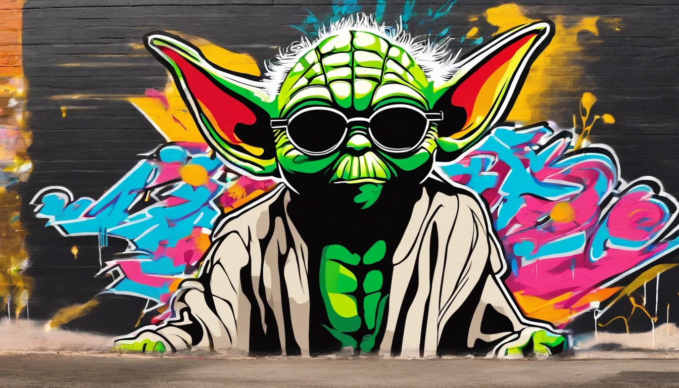 Yoda with sunglasses, arte do grafite, paisagem praiana, palmeiras, ondas, surf