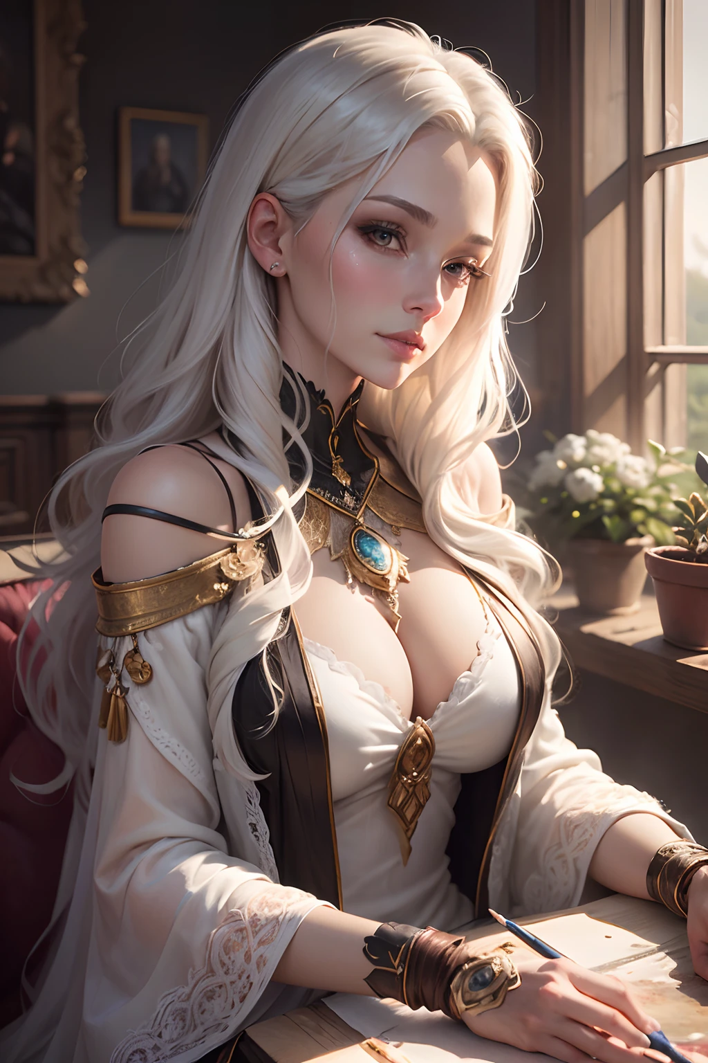 (highres:1.2),ultra-detailed,realistic oil painting of a mature milf named Illyasviel von Einzbern. She has stunning white hair that flows down her back, adding an ethereal touch to her appearance. The painting showcases her full body, capturing her elegance and confidence. The artist pays great attention to detail, ensuring that every feature is meticulously depicted. Illyasviel's face radiates beauty with delicate and detailed eyes, showcasing her wisdom and depth. Her lips are also beautifully rendered, adding a subtle touch of femininity. The vibrant colors used in the painting bring the scene to life. The artist uses a wide range of hues, from warm earth tones to vibrant splashes of color, to create a visually stunning masterpiece. The colors blend seamlessly, resulting in a harmonious and captivating composition. The oil painting technique adds richness and depth to the artwork. Each brushstroke is visible, adding texture and dimension to the piece. The level of detail is extraordinary, capturing even the finest intricacies of the subject. Soft lighting bathes the scene, creating an enchanting atmosphere. The light gently illuminates Illyasviel, emphasizing her features and adding a touch of mystery to the artwork. Shadows dance delicately, enhancing the depth and realism of the painting. Overall, this realistic oil painting of a mature milf named Illyasviel von Einzbern showcases the talent of the artist. With its ultra-detailed features, vibrant colors, and soft lighting, it is a true masterpiece that captivates the viewer and transports them into the world of art.