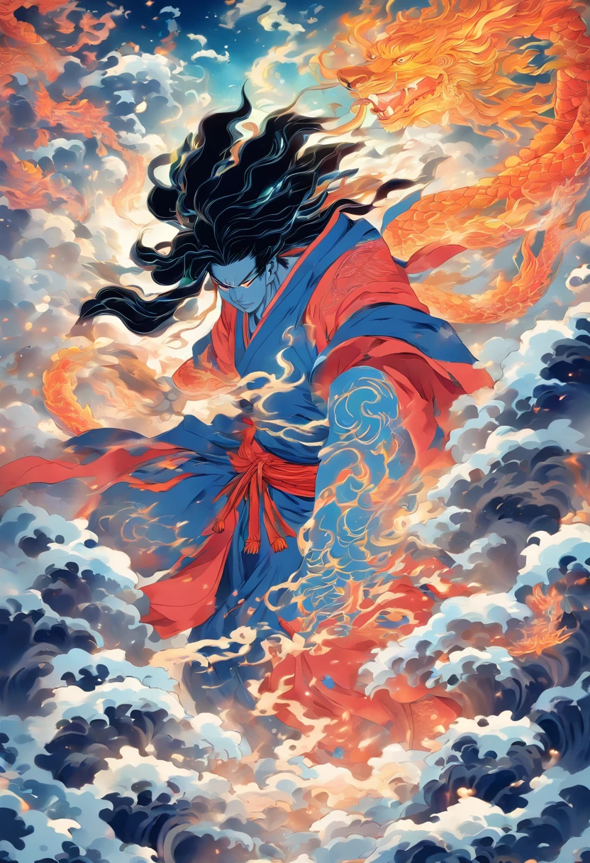 Susanoo,God of Storms, Banished from heaven, descending from heaven,White and Blue Clothes,Long black hair, serene expression, Shui Mo Hua, lotus, Chinese painting style, Thangka Style