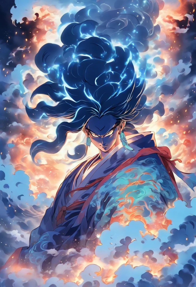 Susanoo,God of Storms, Banished from heaven, descending from heaven,White and Blue Clothes,Long black hair, serene expression, Shui Mo Hua, lotus, Chinese painting style, Thangka Style