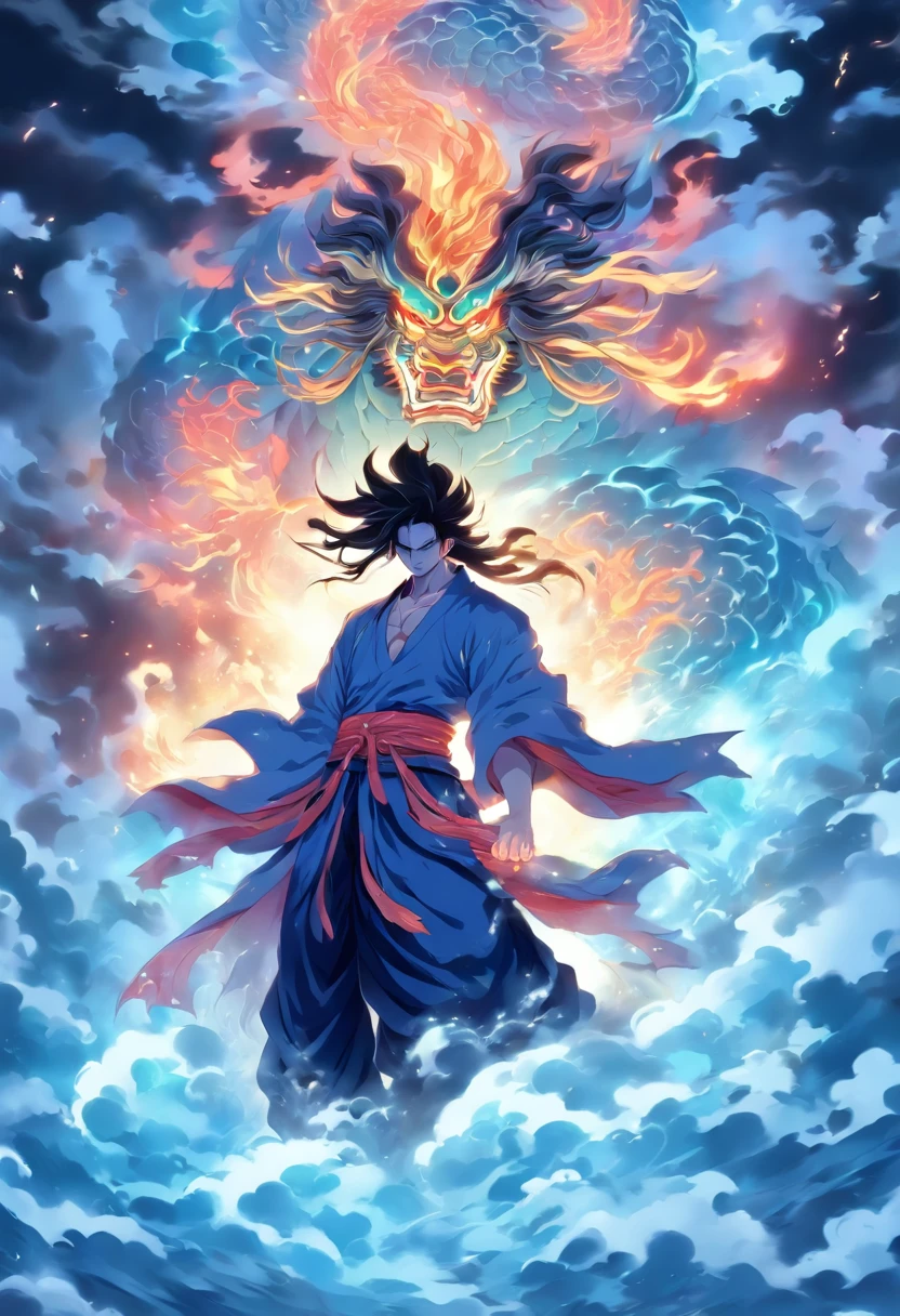 Susanoo,God of Storms, Banished from heaven, descending from heaven,White and Blue Clothes,Long black hair, serene expression, Shui Mo Hua, lotus, Chinese painting style, Thangka Style