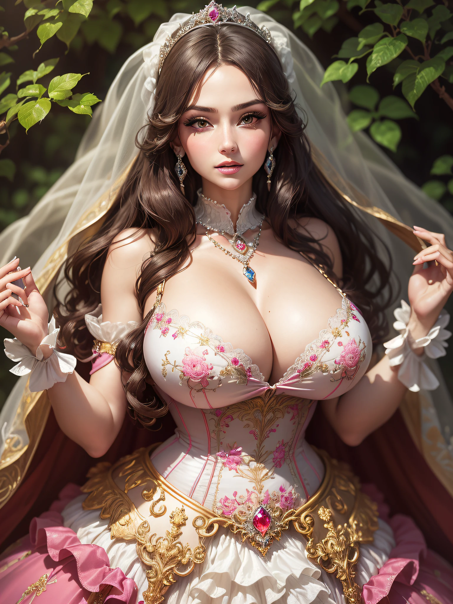 ((anime artstyle)),(Masterpiece),(Best Quality), (Super Detail),((Very Delicate and Beautiful)),cinematic lighting,1 girl,((full body portrait)),((standing in garden)),((solo)),(((1 bling-bling princess in gorgeous embroidery and bling-bling jeweled extremely gorgeous princess rococo ballgown with voluminous full length hoop skirt))),an hourglass waist,padded and corseted bodice,(((huge crinoline hoopskirt))),long train,((gorgeous embroidery and jeweled)),voluminous frills,See-through,(gorgeous embroidery and beautiful lace),(((extremely gigantic tits,skindentation))),cleavage,((large amount of straight hair,extremely voluminous Straight long Hair,Very Long Straight Hair)),(finely detailed face and eyes),clear pupil,extremely gorgeousfull hair ornament,(bling-bling jeweled extremely gorgeousfull tiara),(bling-bling gorgeous gemstone jewelry),long veil,(beautiful background),(full body),((gorgeous embroidery and bling-bling jeweled extremely gorgeous princess rococo ballgown with voluminous full length hoop skirt))