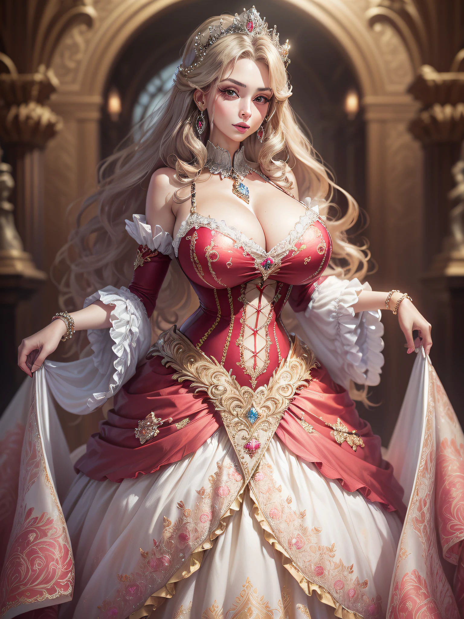 ((anime artstyle)),(Masterpiece),(Best Quality), (Super Detail),((Very Delicate and Beautiful)),cinematic lighting,1 girl,((full body portrait)),((standing in garden)),((solo)),(((1 bling-bling princess in gorgeous embroidery and bling-bling jeweled extremely gorgeous princess rococo ballgown with voluminous full length hoop skirt))),an hourglass waist,padded and corseted bodice,(((huge crinoline hoopskirt))),long train,((gorgeous embroidery and jeweled)),voluminous frills,See-through,(gorgeous embroidery and beautiful lace),(((extremely gigantic tits,skindentation))),cleavage,((large amount of straight hair,extremely voluminous Straight long Hair,Very Long Straight Hair)),(finely detailed face and eyes),clear pupil,extremely gorgeousfull hair ornament,(bling-bling jeweled extremely gorgeousfull tiara),(bling-bling gorgeous gemstone jewelry),long veil,(beautiful background),(full body),((gorgeous embroidery and bling-bling jeweled extremely gorgeous princess rococo ballgown with voluminous full length hoop skirt))