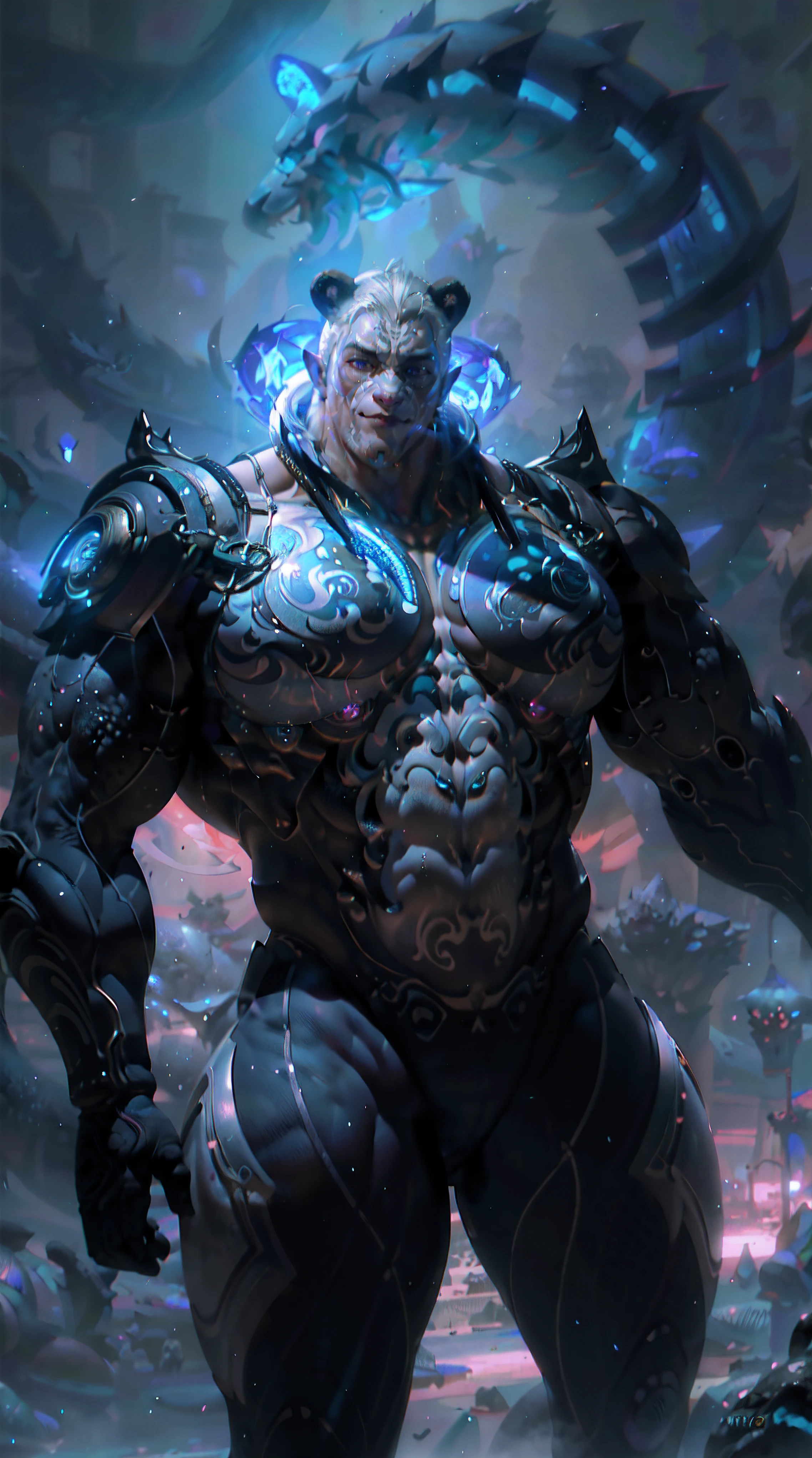 cyborg, panda Anthropomorphic, big muscle, upper body, biomechanical, glowing scales, ethereal background, mystical atmosphere, colorfu, intricate patterns, atmosphere, ultra high res, (photorealistic:1.4), raw photo,16K,dramatic lighting,