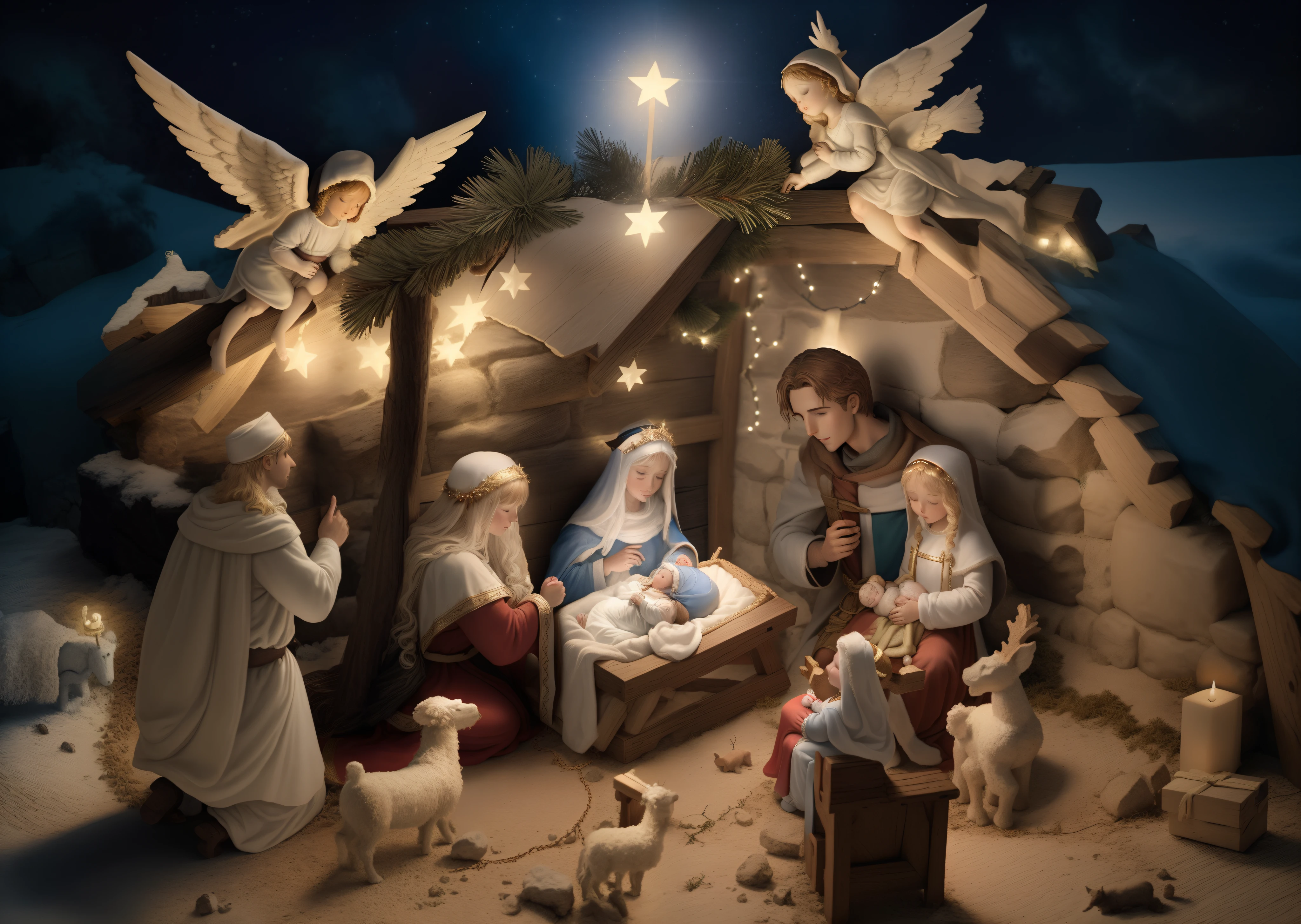 Christmas nativity scene with the baby Jesus, Mary and Joseph in the manger.tradicional historia cristiana de navidad.