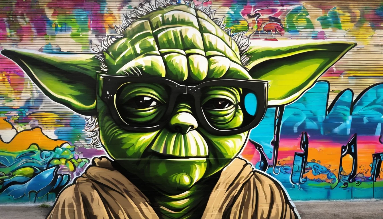 Yoda with sunglasses, praia, palmeiras, ondas, surf, por do sol