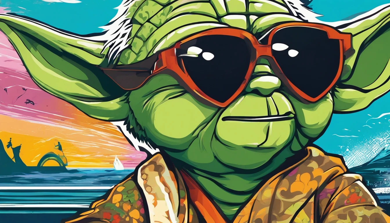 Yoda with sunglasses, praia, palmeiras, ondas, surf, por do sol