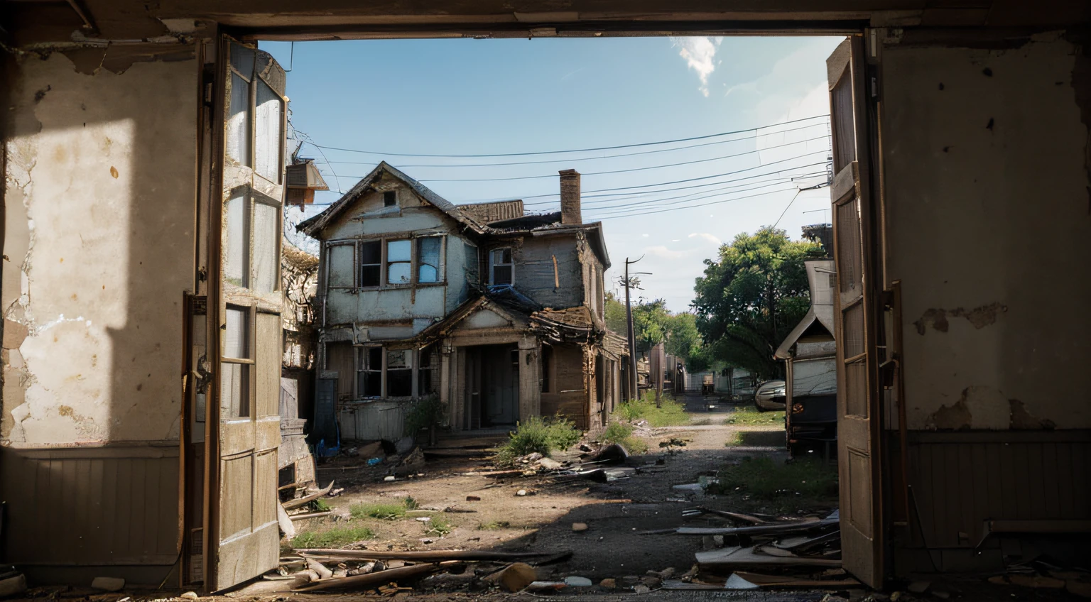 chaotic old poor city of american, american house old, devasting, cracks, old, chaotic, destructive, horrific, horror, bright, cracking, poor, poor places, poorly, broke, long wide shot, poor states, cracked houses, haunted, higly realistic, daylight, natural lighting, old, old, cracks, American places, long wide shot, vibrant, daylight, hyperrealistic, photorealistic, cinematic, intricate realistic, ultrarealistic, detailed,4k