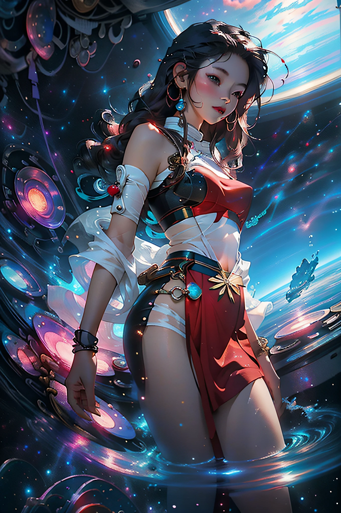 girl wearing Thai cultural costume, Beautiful Korean Style, Space adventure mixed with the sea, Mixed with a pair of rain reflected in space...,Sexy, Bright red sky tones for a vivid look, refreshing, excited, model pose. space style