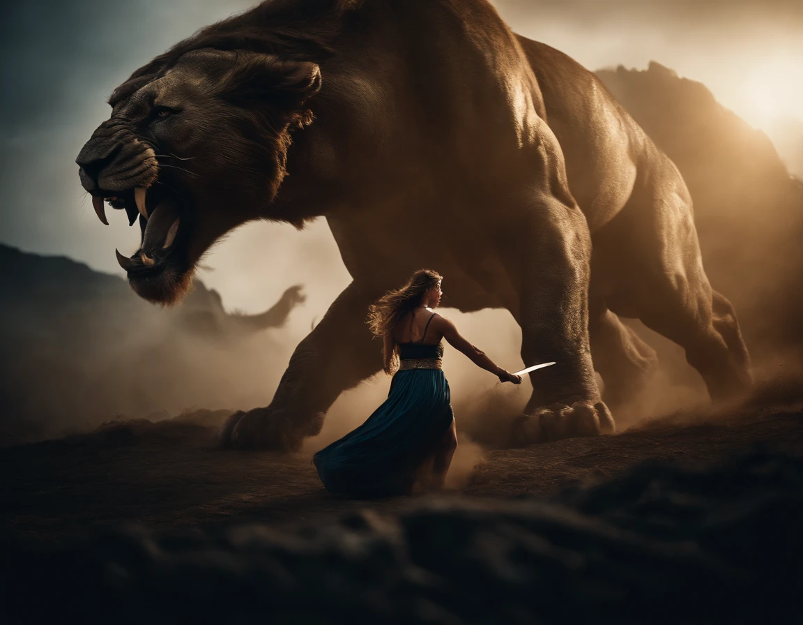 an beautiful goddess fighting a sacred beast