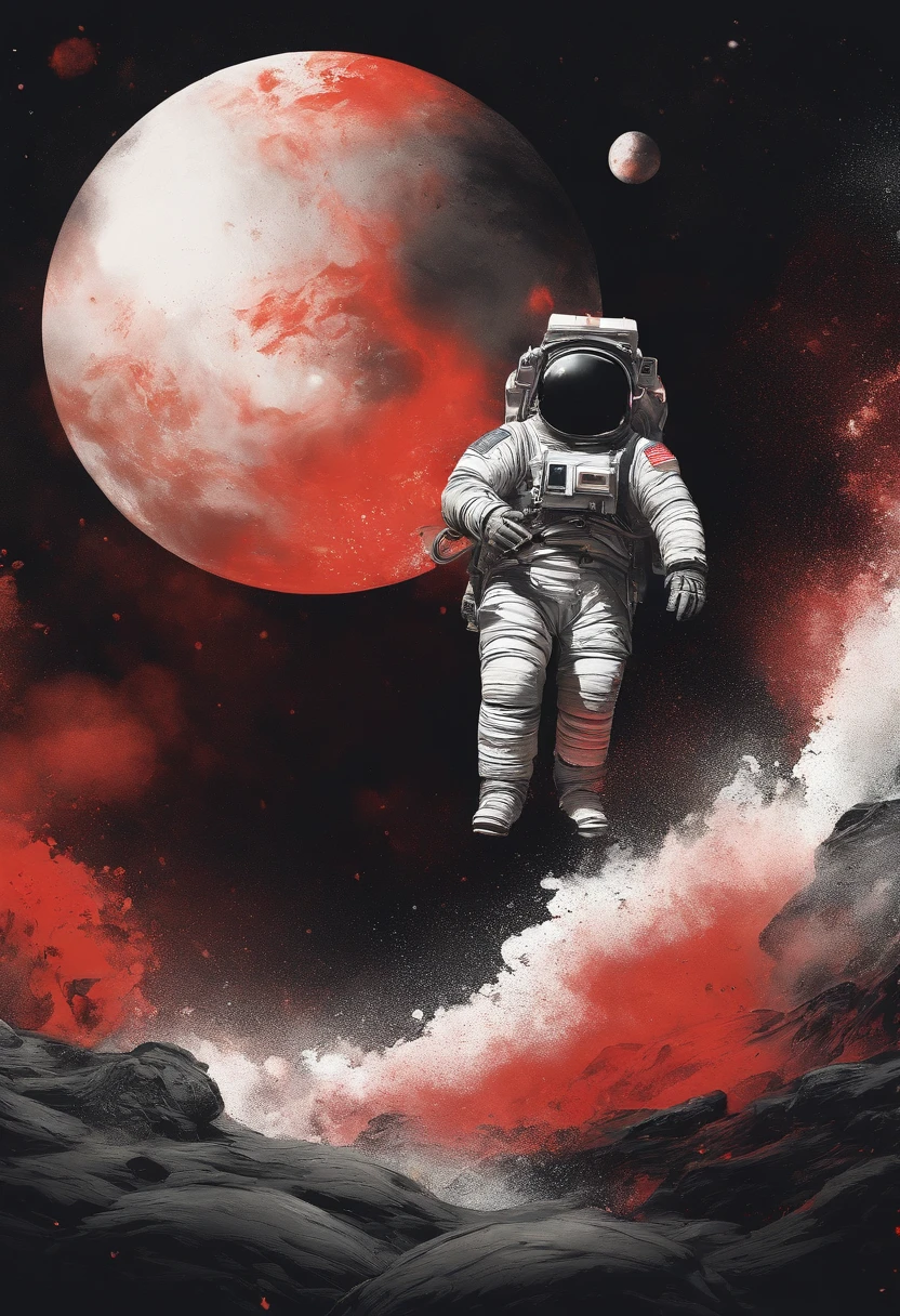 A detailed illustration muted chinese ink painting, muted colors, rice paper texture, splash paint, halo astronaut, one red sun. Venus. Space. Clouds wet to wet techniques. cvibrant vector. using Cinema 4D