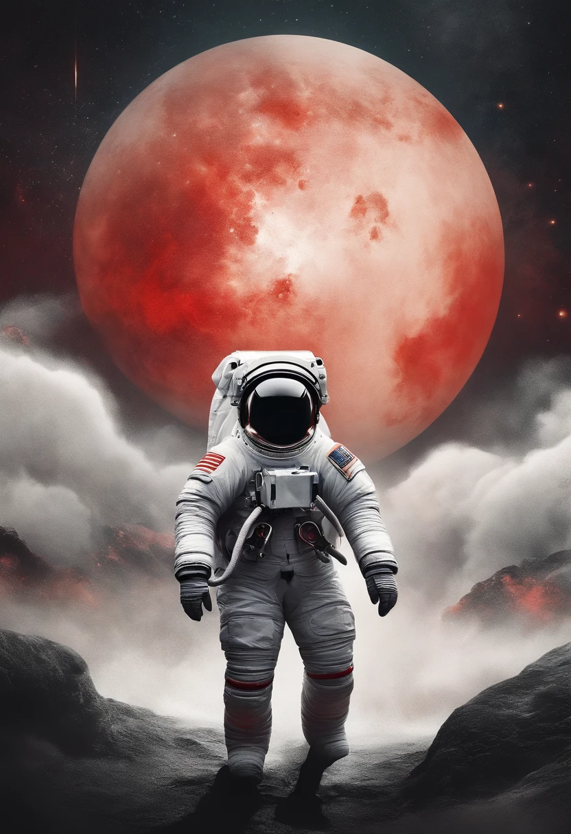 A detailed illustration muted chinese ink painting, muted colors, rice paper texture, splash paint, halo astronaut, one red sun. Venus. Space. Clouds wet to wet techniques. cvibrant vector. using Cinema 4D