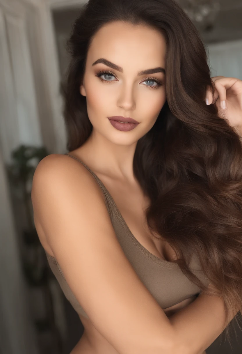 Arafed woman with matching tank top and panties, fille sexy aux yeux bruns, Portrait Sophie Mudd, cheveux bruns et grands yeux, Selfie d'une jeune femme, Yeux bleu, Violet Myers, sans maquillage, maquillage naturel, looking straight at camera, Visage avec Artgram, Maquillage subtil, Superbe photo du corps entier, dans la chambre, clivage