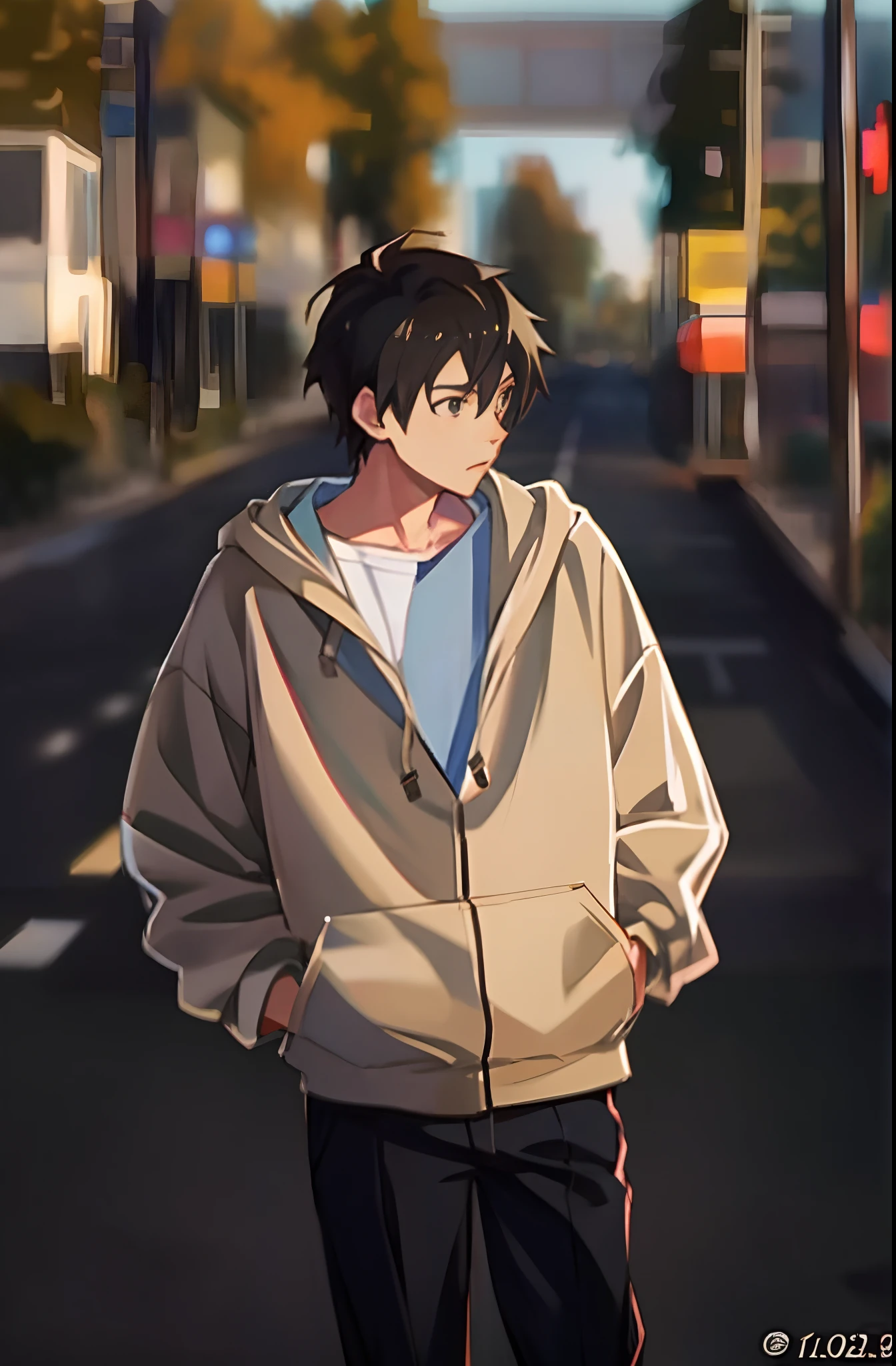 anime boy in a hoodie standing on a street corner, in an anime style, anime moe artstyle, young anime man, in anime style, male anime style, high quality anime artstyle, makoto shinkai style, anime style. 8k, lofi portrait, anime artstyle, anime boy, realistic anime 3 d style