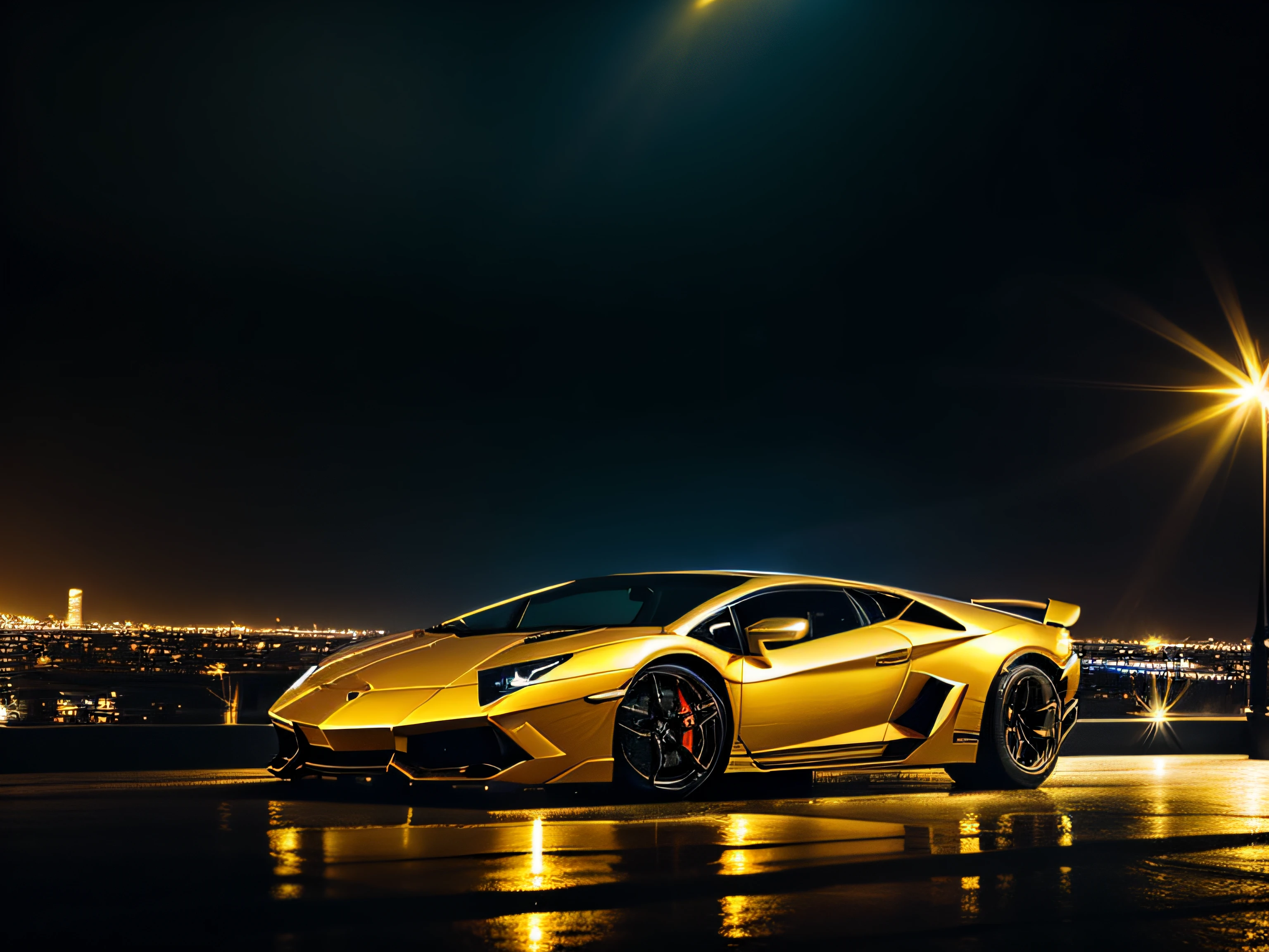 golden lamborghini with open light at night while its raining in a city