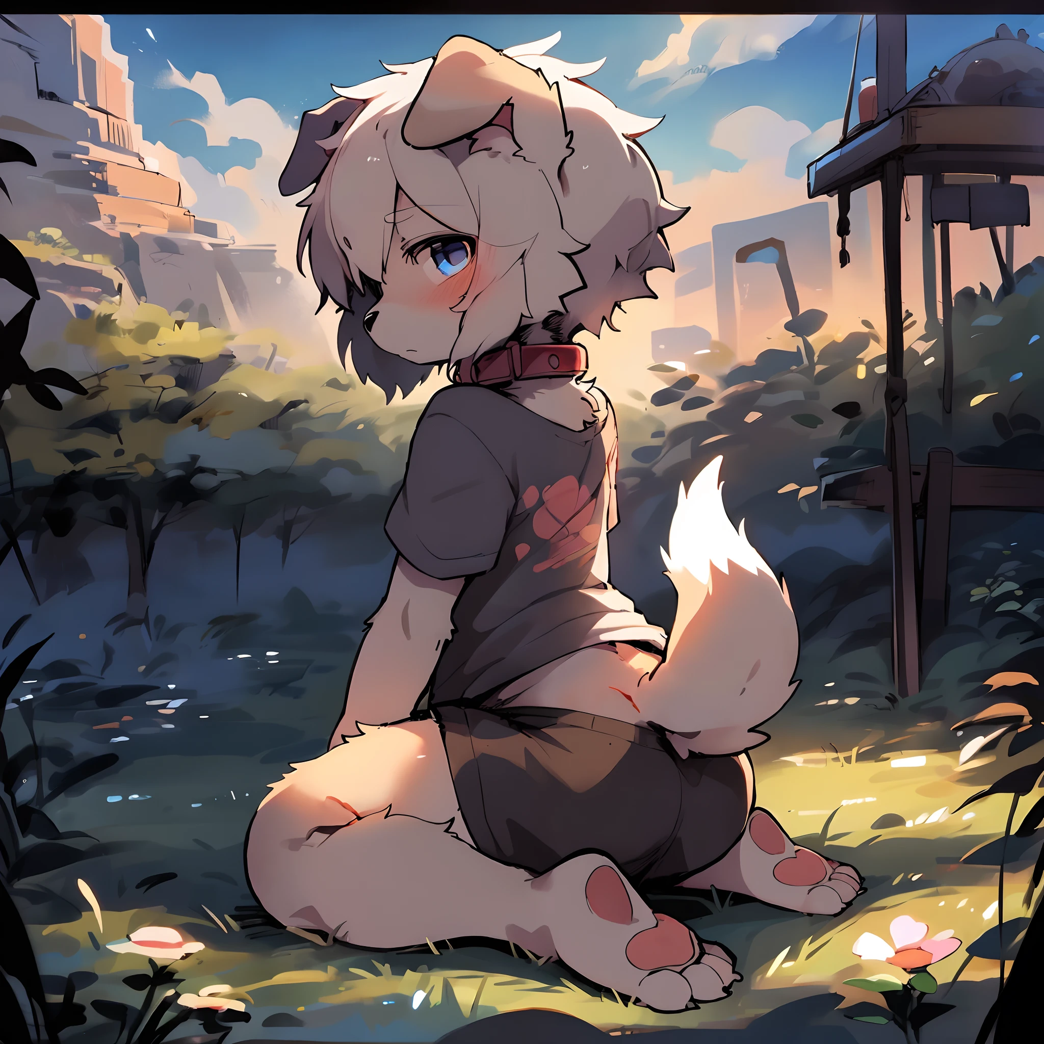 masterpiece, high quality, absurd res, Saturation, warm light, digital painting \(artwork\), by dagasi, yupa,kiyosan,(fluffy fur,White fur, full body fur,Collie pattern:1.2),anthro male fox. blue eyes, bright eyes,panorama,character focus.detailed background,(bells, pet collars,loose clothes,T-shirt, black_shorts:1.1),(dog, meadow:1.3), kneeling, side back view