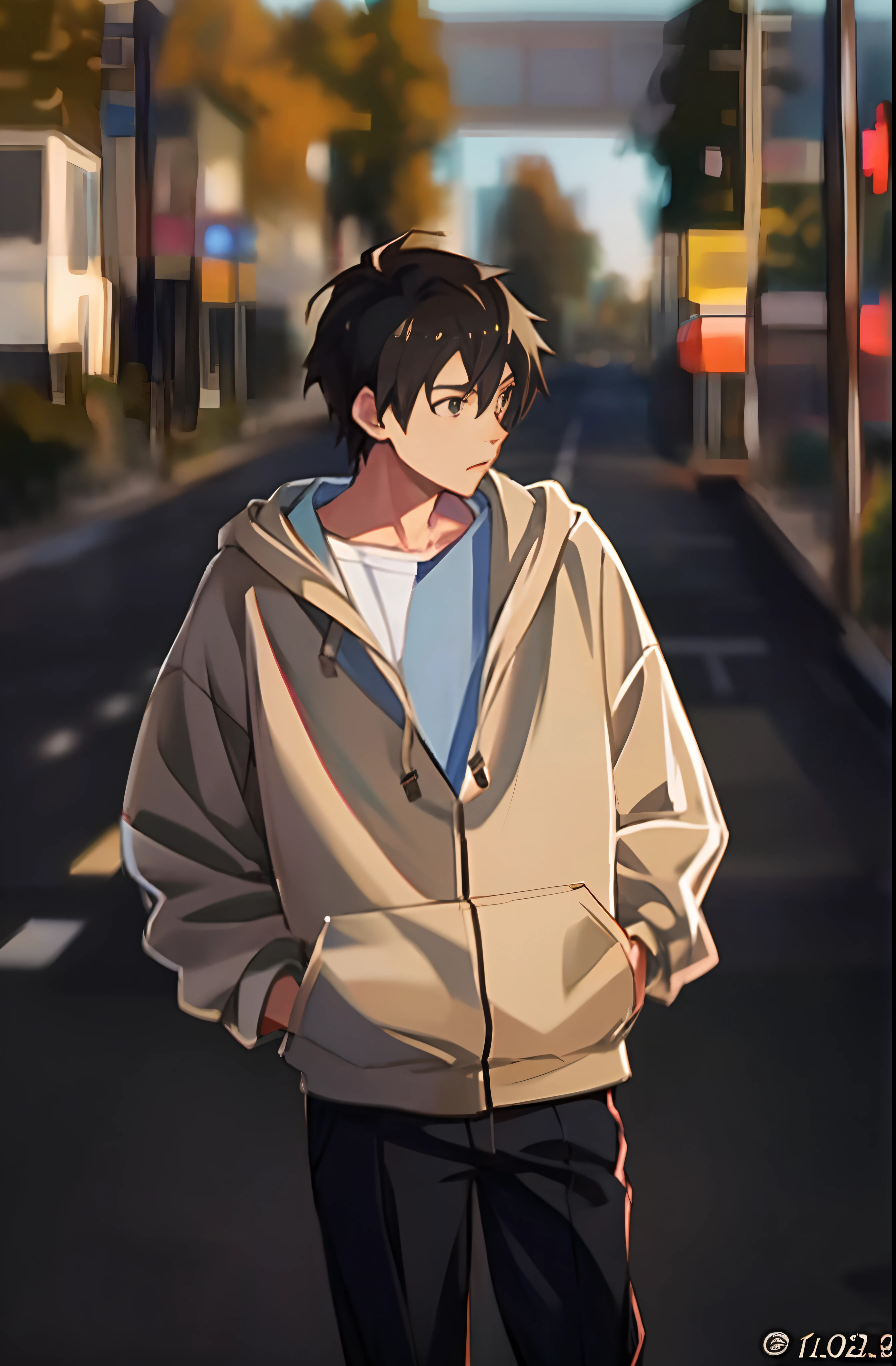anime boy in a hoodie standing on a street corner, in an anime style, anime moe artstyle, young anime man, in anime style, male anime style, high quality anime artstyle, makoto shinkai style, anime style. 8k, lofi portrait, anime artstyle, anime boy, realistic anime 3 d style