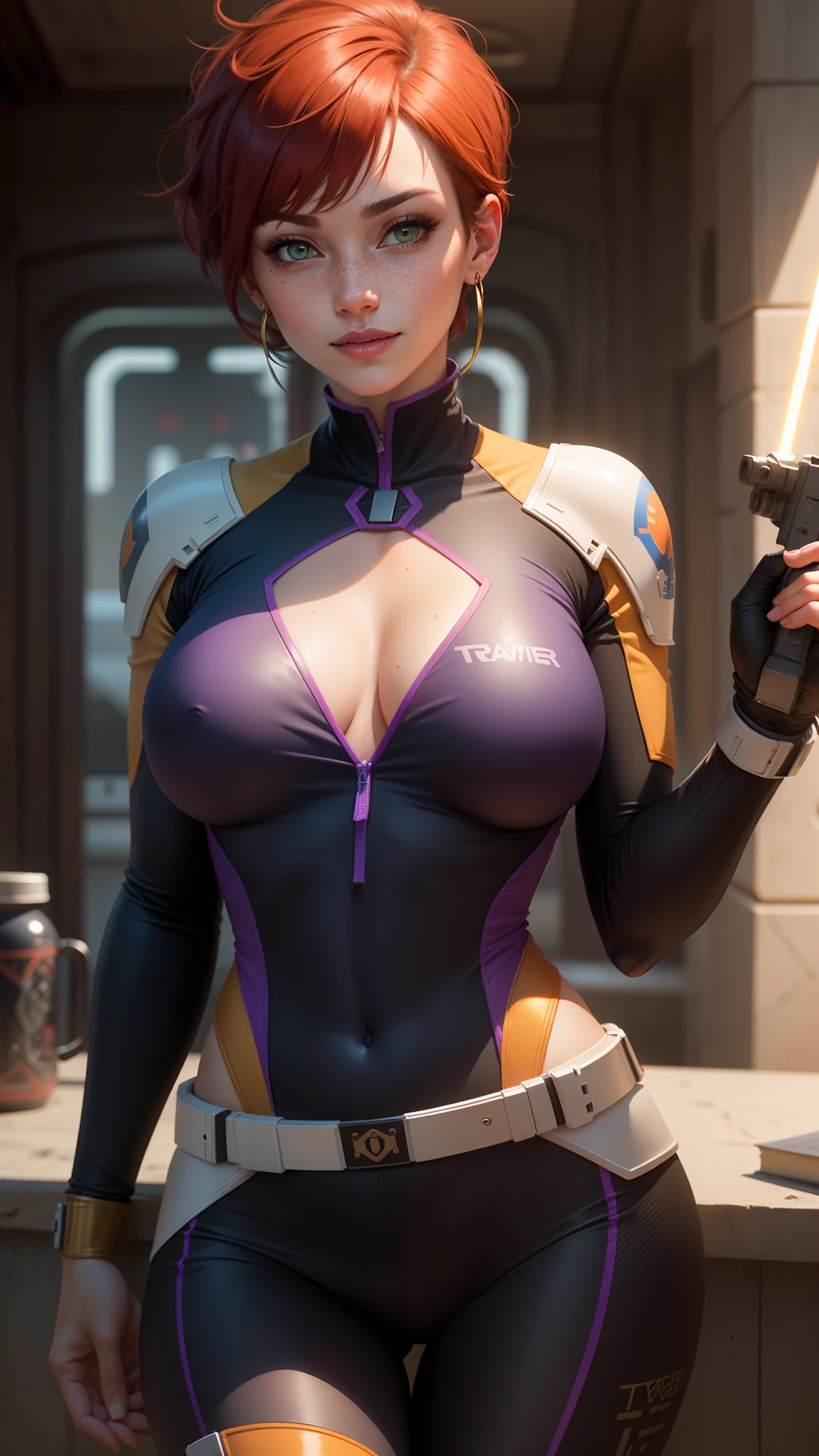 gwen tennyson,tracer,d.va,rebecca chambers,overwatch,1girl,close up,star wars theme,naboo,daylight, mandalorian,clone trooper armor, overwatch uniform,green long sleeve lycra top,military leggings,short hair,gold earrings,holding a blaster,gothic makeup,green eyes,orange hair, purple hair highlights,shy smile, freckles,redhead,beautiful girl,large breasts,ultra detailed,realistic,fantasy art,