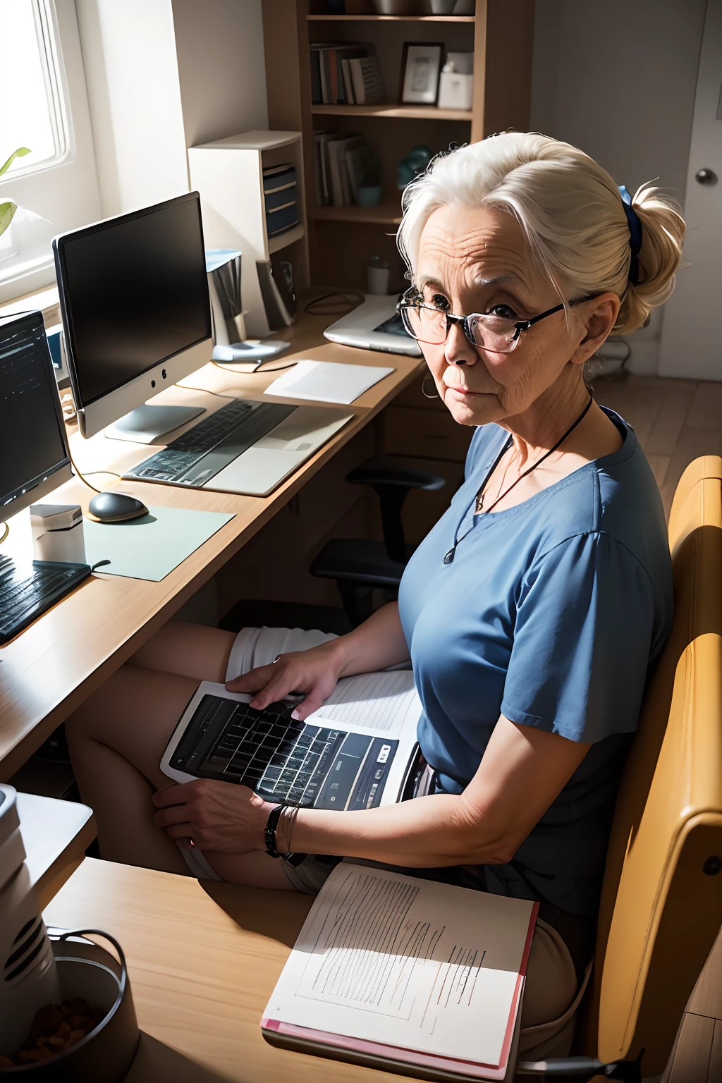 Office , modern, computer. An old man, several daughters of Susan
