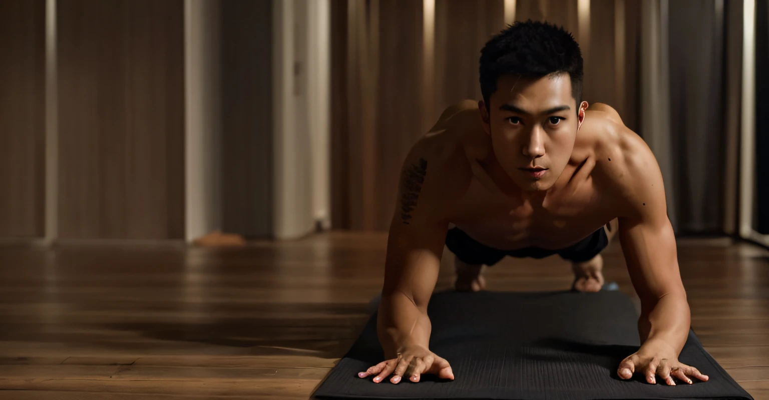 Arafed man doing push-ups on a yoga mat in a dark room, foco em corpo inteiro, filme ainda dnd, Zezhou Chen, inspirado em Fei Danxu, filme largo ainda, shot on anamorphic lenses, filme promocional ainda, cinematic body shot, asian male, inspirado por Victor Wang, affable , Wenjun Lin, Steve Zheng