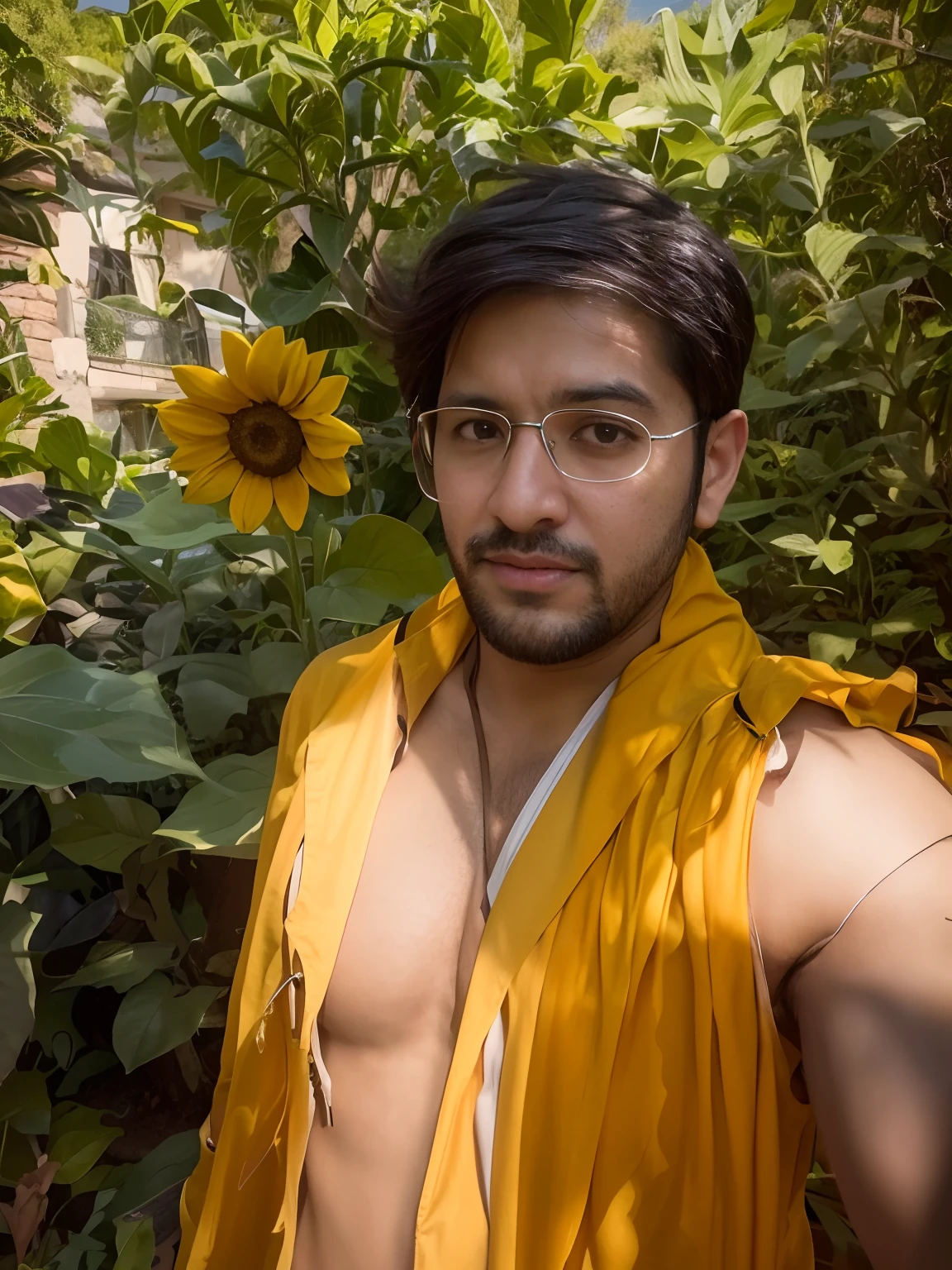 there is a man with glasses and a scarf standing in front of a sunflower, roshan, inspired by Kailash Chandra Meher, very very low quality picture, inspired by Saurabh Jethani, full body photogenic shot, edited in photoshop, very artistic pose, stylish pose, profile pic, taken in the early 2020s, kyza saleem