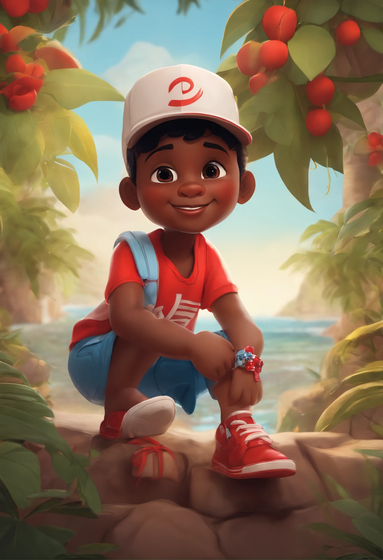 vibrant 3D illustration kid, slightly fat body, short black hair, dark brown skin, white shirt, red shorts, red hat, wearing shoes