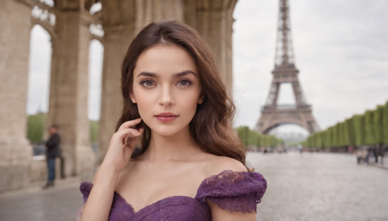 Woman in purple dress, Sexy girl with brown eyes, brown hair and large eyes, selfie of a young woman, paris, natural makeup, doesn't look at the camera, makeup, Stunning full-length photography. Stiletto heels