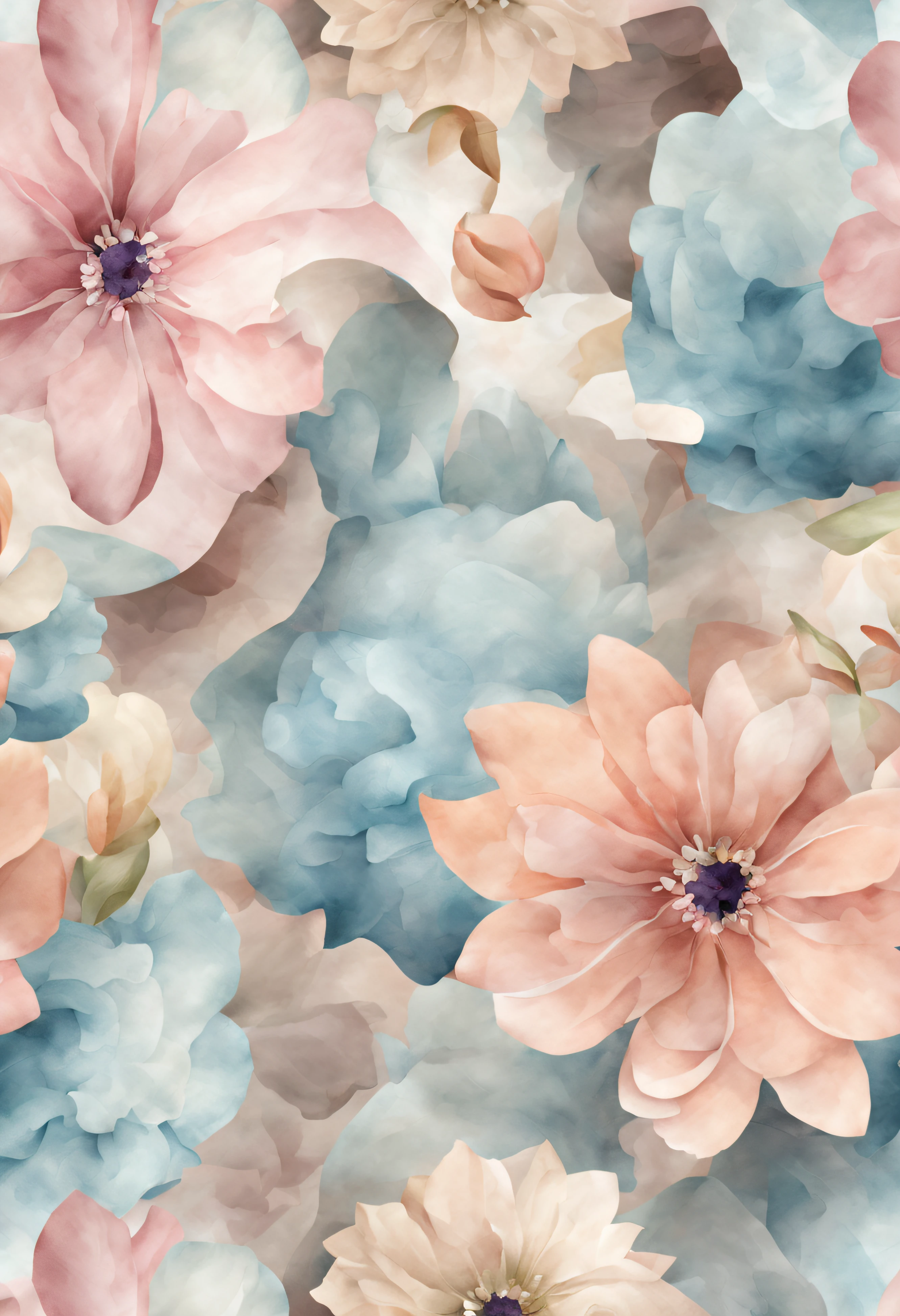 Design a soft and dreamy pattern with 3D flowers rendered in watercolor style. This pattern will have a romantic and artistic appeal.