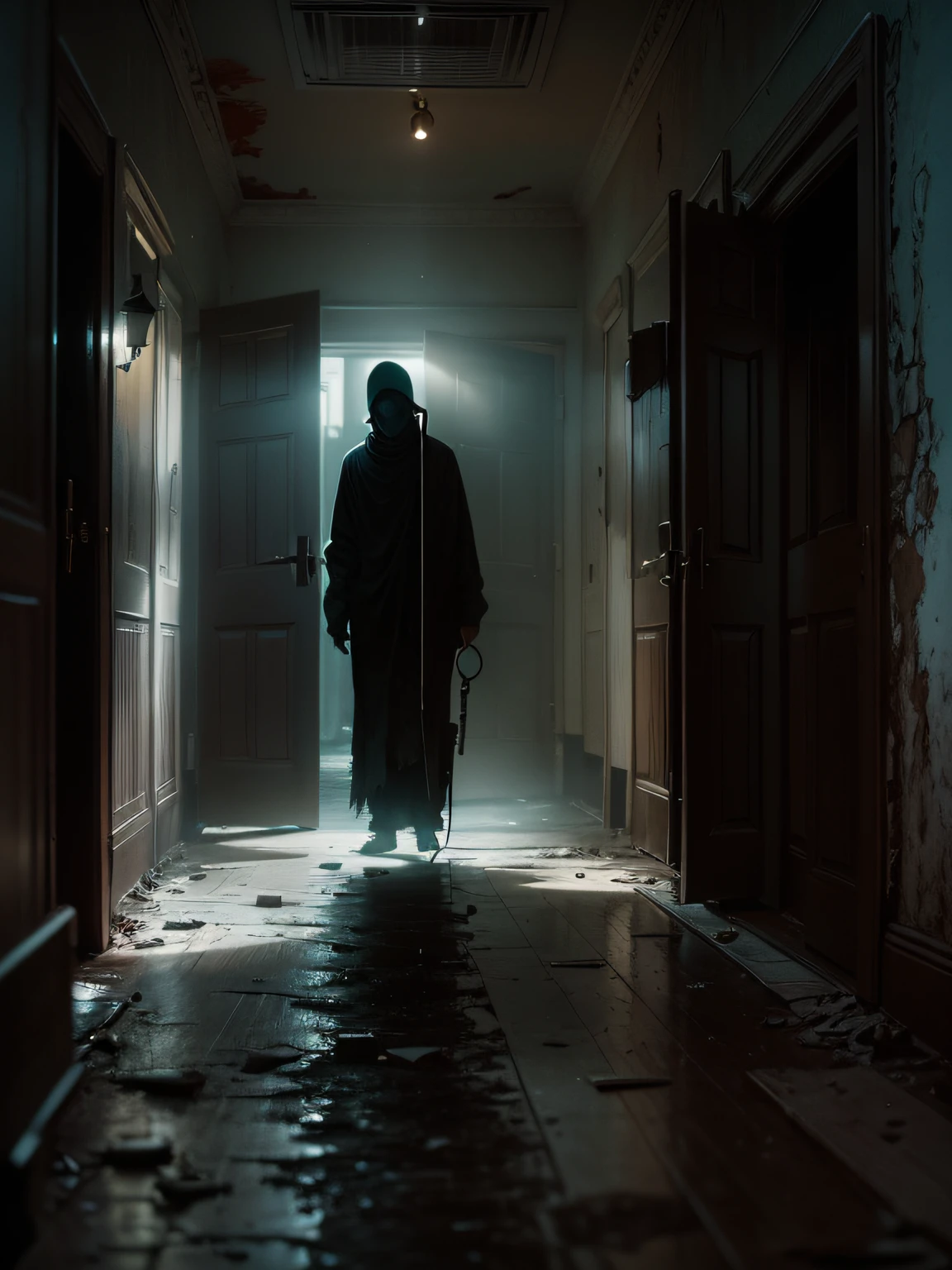 «»A chilling photorealistic image of a haunting apparition captured by a low-resolution hospital security camera in a dimly lit corridor. The scene is set in an old and eerie hospital, with flickering lights and peeling paint on the walls. The apparition appears as a translucent figure with a faint glow, covered in blood, hovering eerily above the floor. Its unsettling presence leaves a sense of unease and mystery. The lighting should be natural to the scene, with the camera's grainy quality adding to the suspenseful atmosphere. The shot should be a close-up, capturing the haunting details of the apparition and the eerie surroundings. Camera lens: distorted and unsettling perspective. Resolution: Low resolution to enhance the sense of the unknown.»»