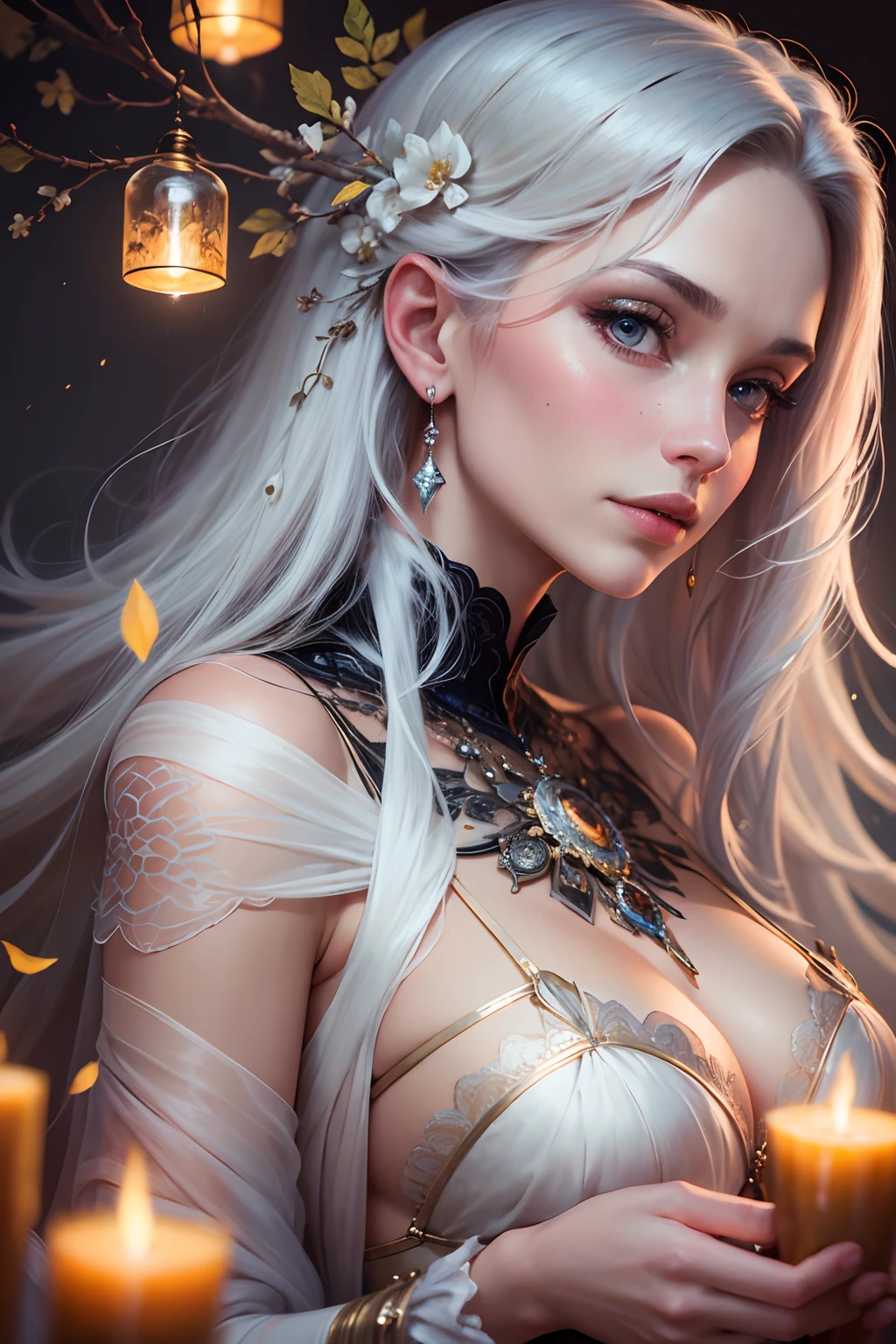 (highres:1.2),ultra-detailed,realistic oil painting of a mature milf named Illyasviel von Einzbern. She has stunning white hair that flows down her back, adding an ethereal touch to her appearance. The painting showcases her full body, capturing her elegance and confidence. The artist pays great attention to detail, ensuring that every feature is meticulously depicted. Illyasviel's face radiates beauty with delicate and detailed eyes, showcasing her wisdom and depth. Her lips are also beautifully rendered, adding a subtle touch of femininity. The vibrant colors used in the painting bring the scene to life. The artist uses a wide range of hues, from warm earth tones to vibrant splashes of color, to create a visually stunning masterpiece. The colors blend seamlessly, resulting in a harmonious and captivating composition. The oil painting technique adds richness and depth to the artwork. Each brushstroke is visible, adding texture and dimension to the piece. The level of detail is extraordinary, capturing even the finest intricacies of the subject. Soft lighting bathes the scene, creating an enchanting atmosphere. The light gently illuminates Illyasviel, emphasizing her features and adding a touch of mystery to the artwork. Shadows dance delicately, enhancing the depth and realism of the painting. Overall, this realistic oil painting of a mature milf named Illyasviel von Einzbern showcases the talent of the artist. With its ultra-detailed features, vibrant colors, and soft lighting, it is a true masterpiece that captivates the viewer and transports them into the world of art.