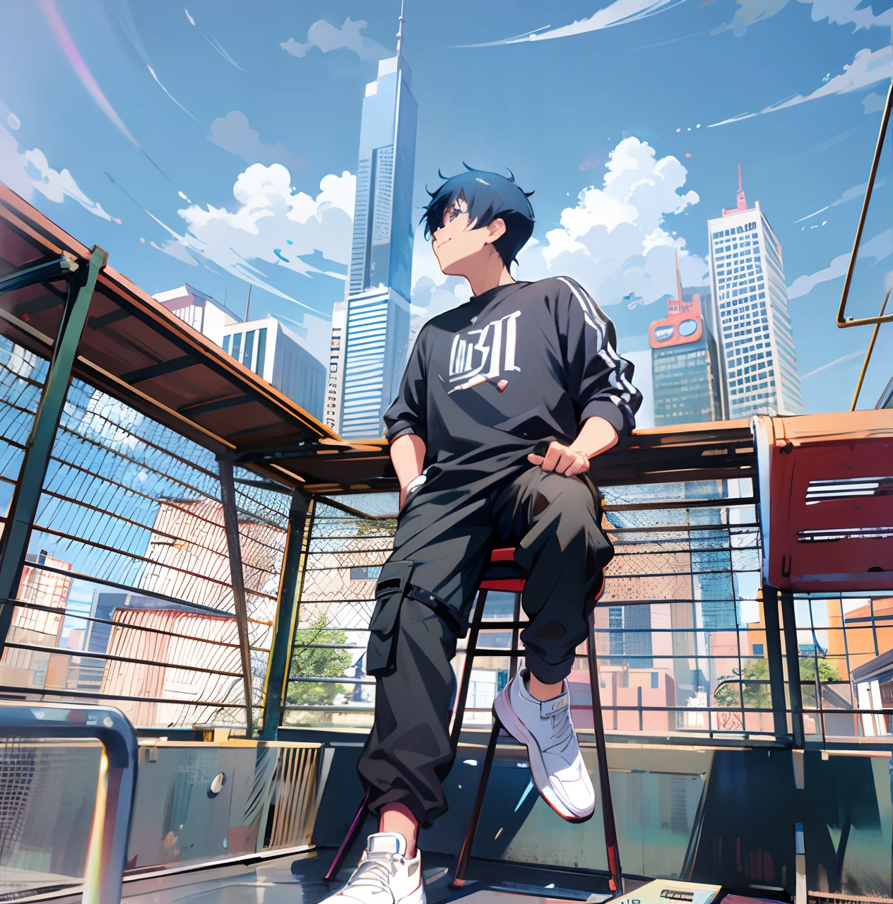 anime boy sitting on a stool in front of a city skyline, high quality anime artstyle, modern anime style, anime style 4 k, in an anime style, in anime style, anime style illustration, very modern anime style, anime style. 8k, anime artstyle, standing on rooftop, anime style mixed with fujifilm, anime style cityscape, digital anime illustration