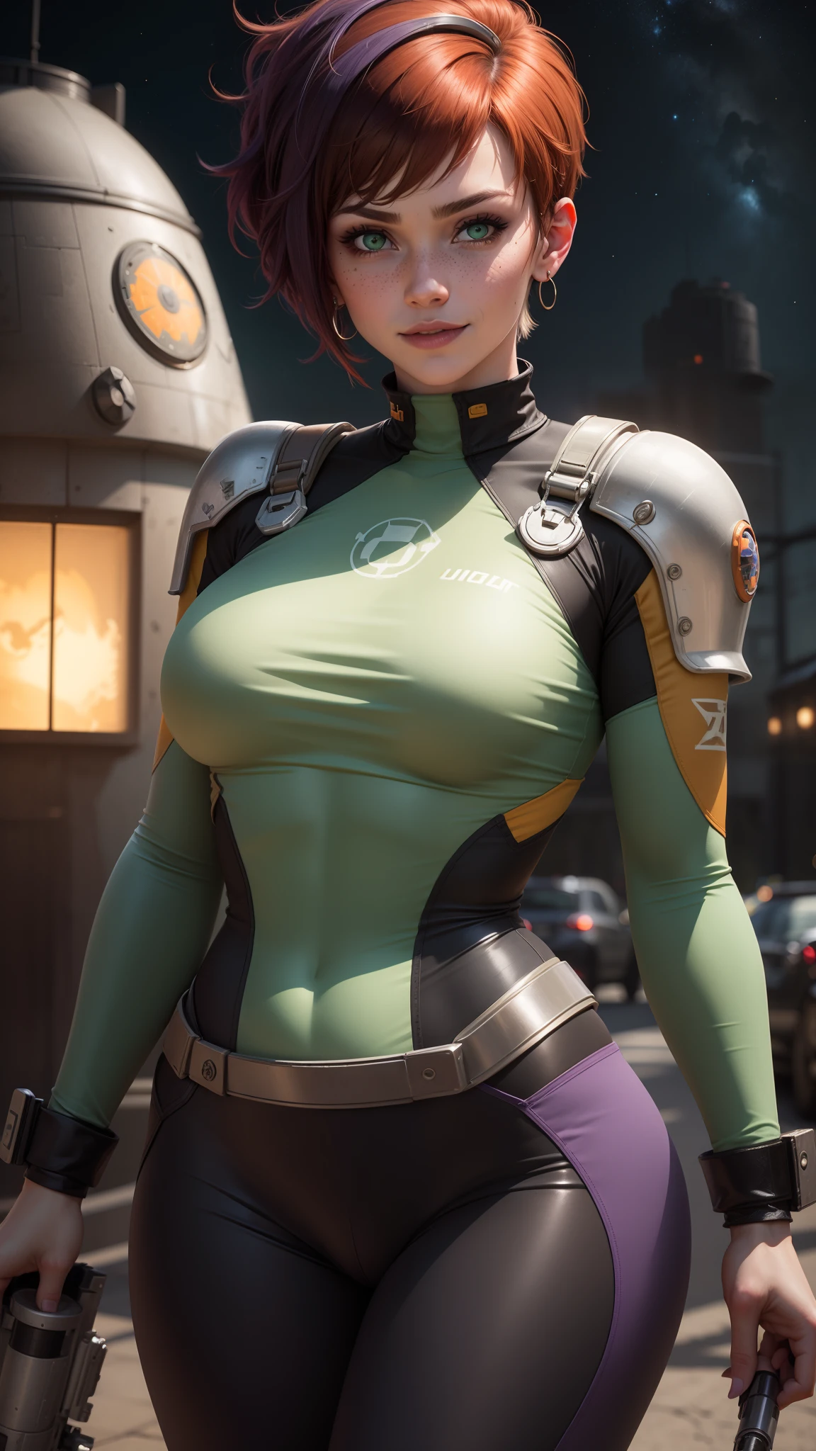 ((A BUSTY MILF RED SHORT HAIR:1.3)), CLOSEUP UPPER BODY,SOLO, ((COWBOY SHOT:1.4)), ((HUGE ROUND BREAST:1.5)), ((CLEAVAGE,11 LINE ABS:1.5)), ((WEARING OUTFIT METAL BLUE, WHITE BIKINI, SKINTIGHT GREEN FROM OVERWATCH, IN FUTURISTIC ARMOR, GIRL IN MECHA CYBER ARMOR:1.5)), (ATHLETIC FEMALE BODY SHAPE:1.5), (CLEAN GLOSSY BODYSKIN:1.6), (LOOKING AT VIEWER:1.6), (BACKGROUND FUTURISTIC SPACE STATION:1), (PHOTOREALSITIC:1.4), (ULTRA-DETAILLIERT), (TOP-QUALITY), (BEST SHADOWS), BRIGHT LIGHT IN ROOM, HYPER TEXTURE, (4X MSAA), ((UNREAL ENGINE 5 RENDER)), (NEON), PHYSICALLY-BASED RENDERING, ULTRA HIGHT DEFINITION, 16K, 1080P.